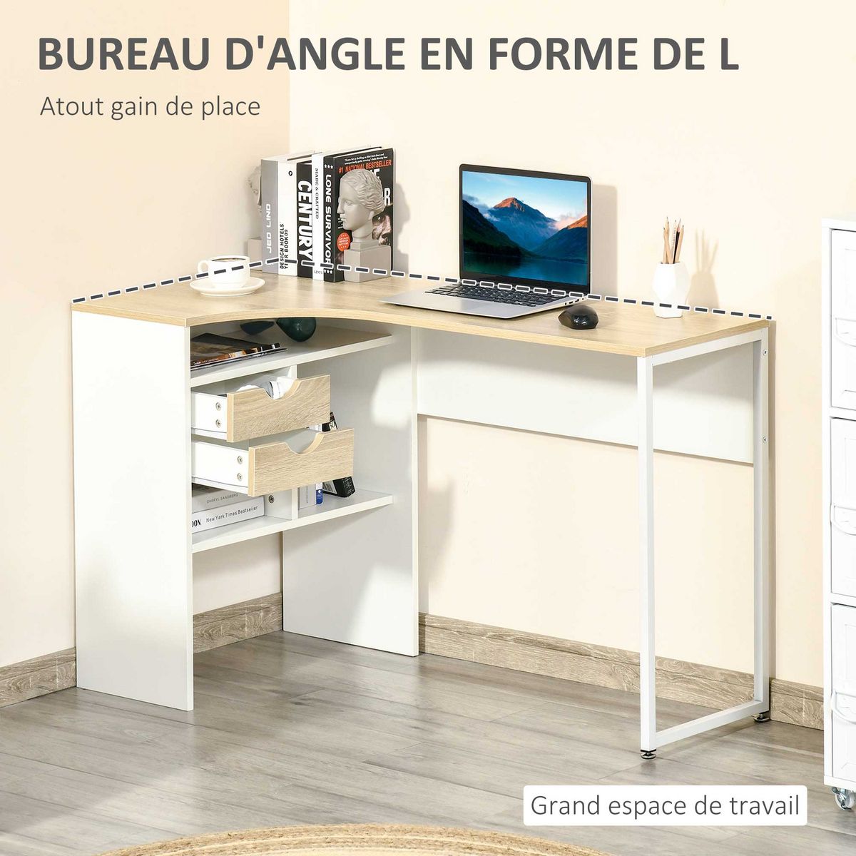 HOMCOM Bureau d'angle bureau informatique multimédia multi-rangement métal panneaux particules aspect chêne clair blanc