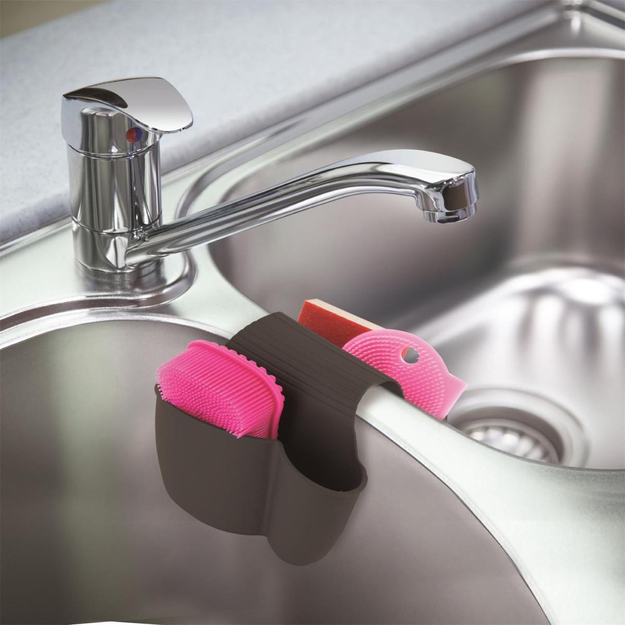 Voir la diapositive 5 : Je cherche une idee Porte-éponges double  hygiène  14cm gris