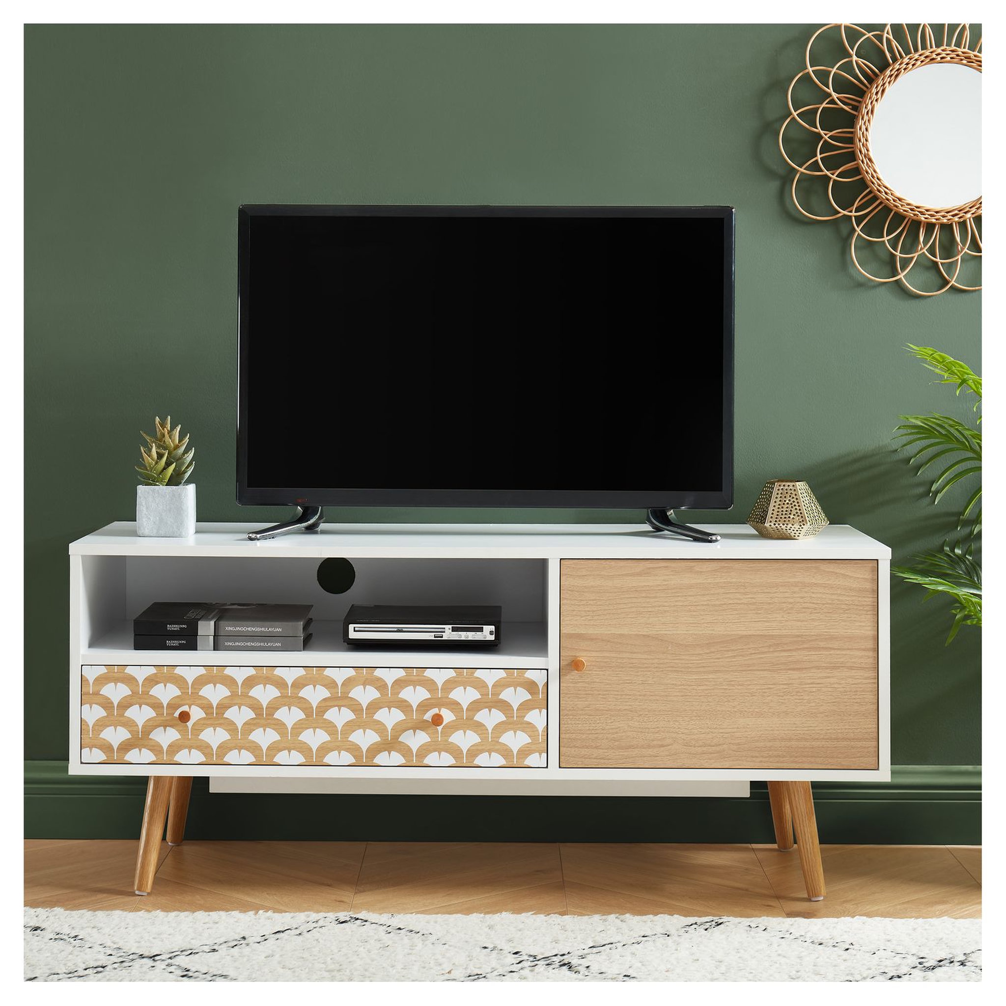 Voir la diapositive 3 : Meuble TV scandinave à imprimés - 1 porte 1 tiroir - décor bois et blanc - L115cm OHIO
