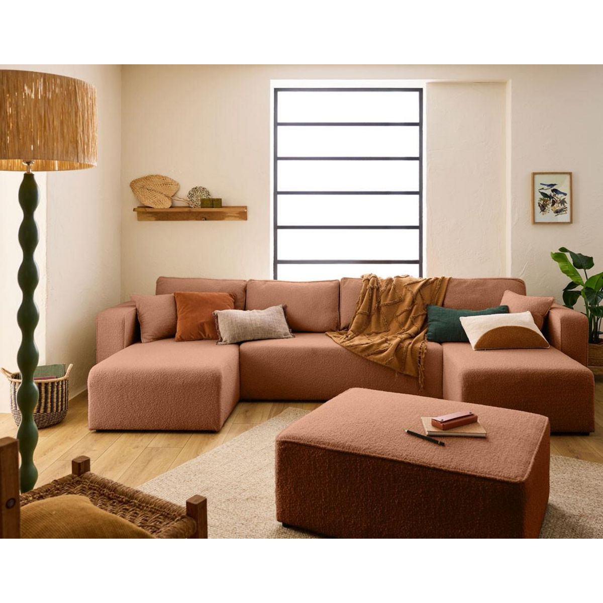 BEST MOBILIER Topaze - canapé panoramique en u - 7 places - convertible avec coffre - en tissu bouclette