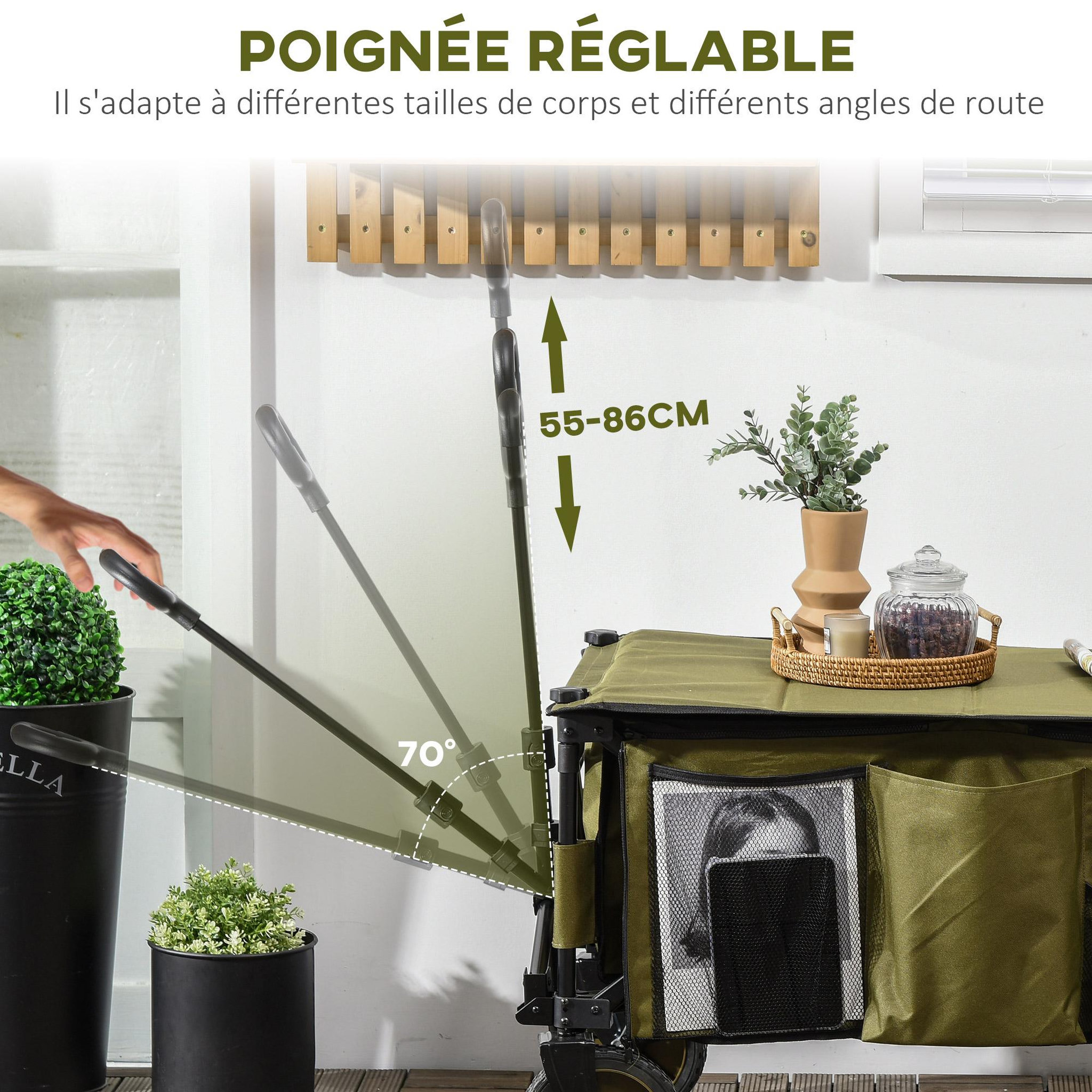 Voir la diapositive 4 : OUTSUNNY Chariot de jardin pliable 4 roues - bâche amovible, poignée télescopique réglable, 5 pochettes rangement - acier polyester kaki