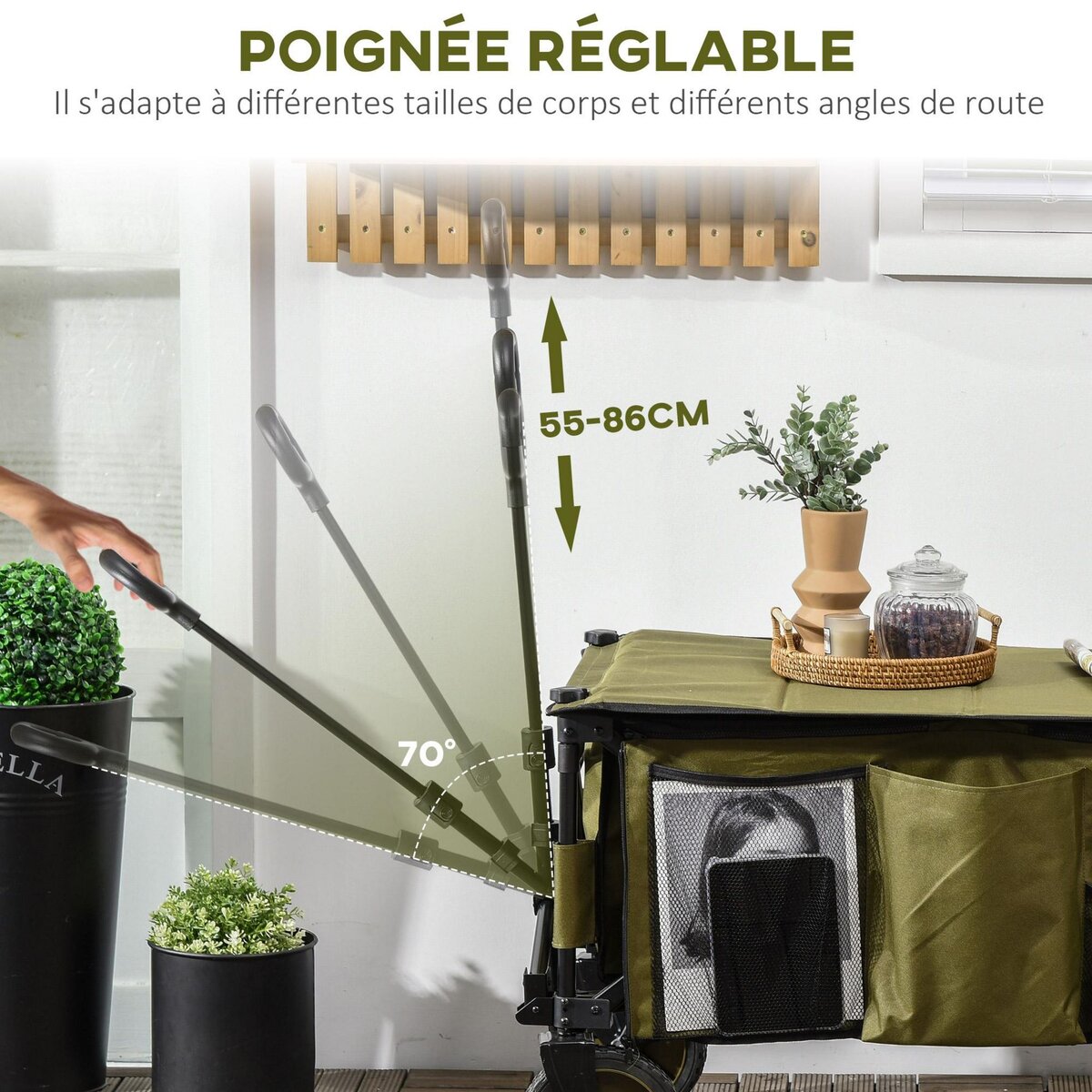 OUTSUNNY Chariot de jardin pliable 4 roues - bâche amovible, poignée télescopique réglable, 5 pochettes rangement - acier polyester kaki