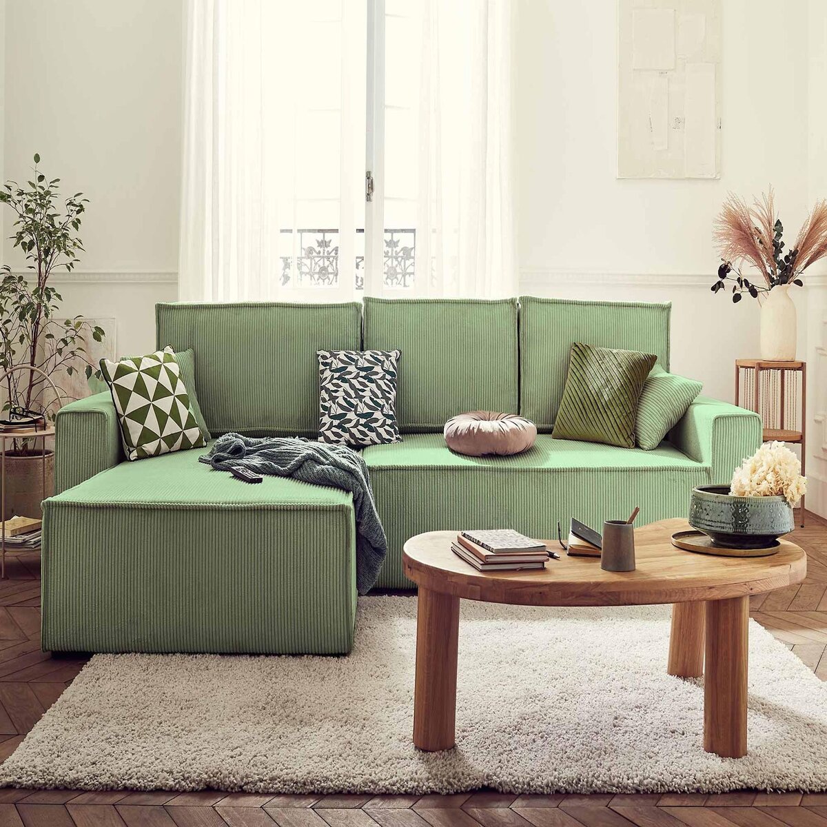 BEST MOBILIER Dellia - canapé d'angle réversible convertible - avec coffre - en velours côtelé - 4 places