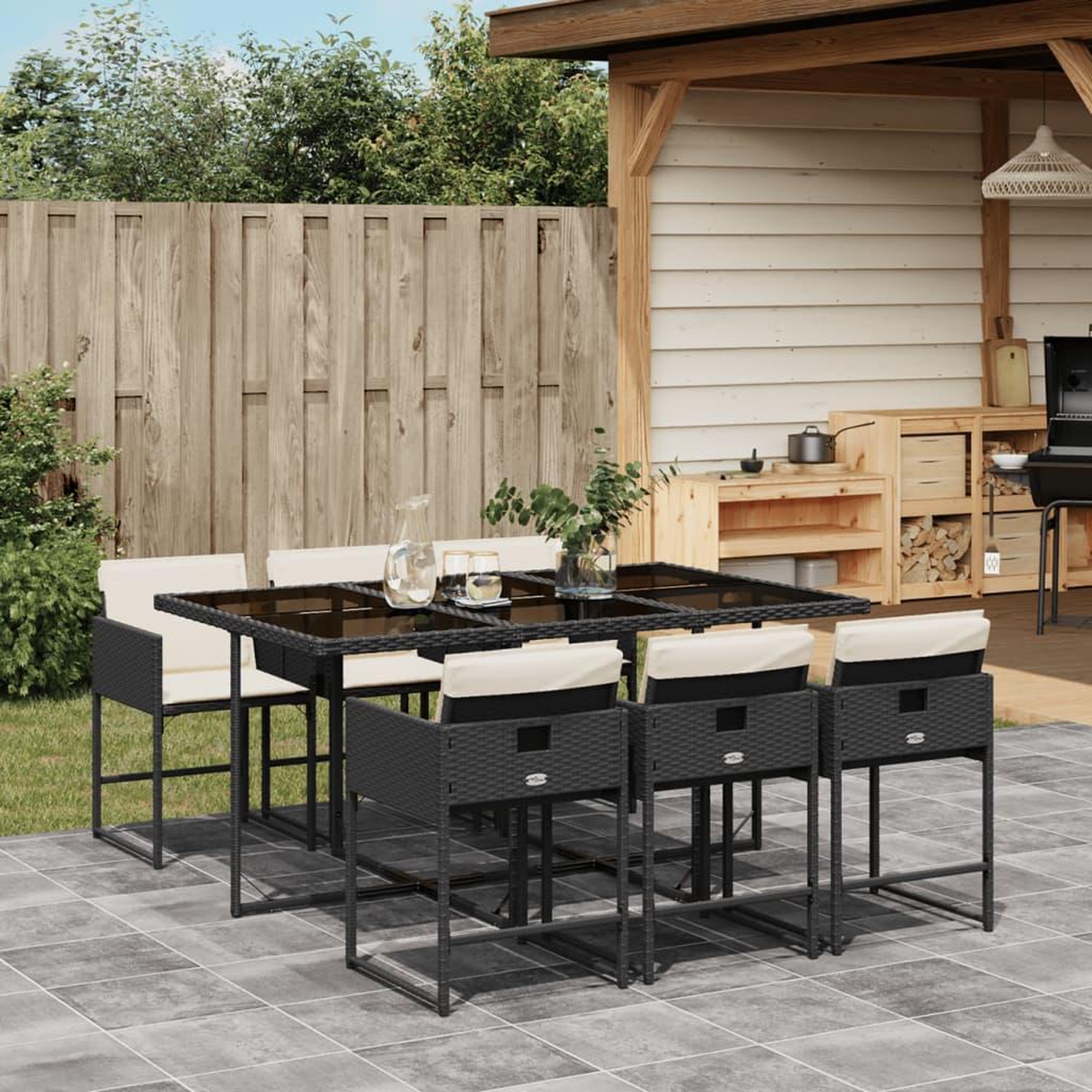 VIDAXL Ensemble a manger de jardin coussins 7pcs Noir Resine tressee