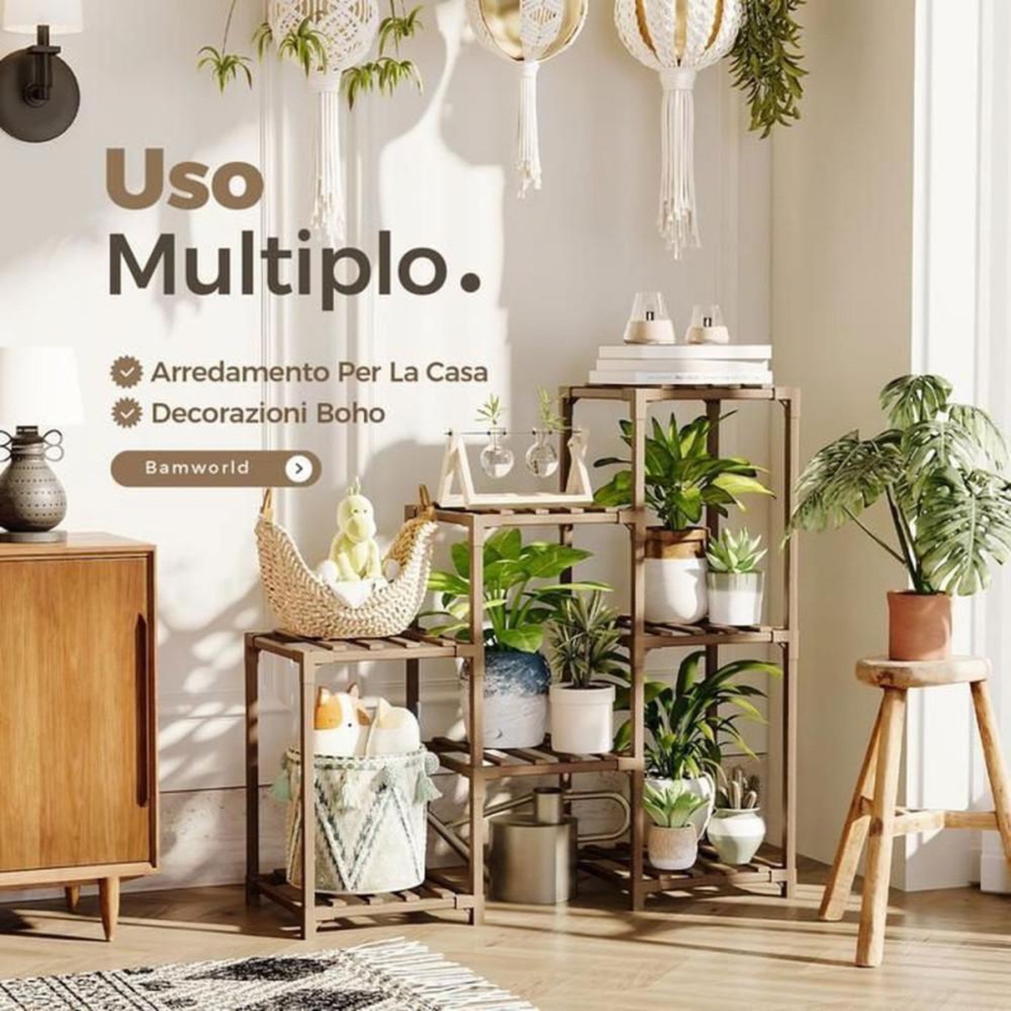 Voir la diapositive 2 : Support à plantes en échelle en eucalyptus carbonisé, jusqu'à 7 pots, montage sans vis