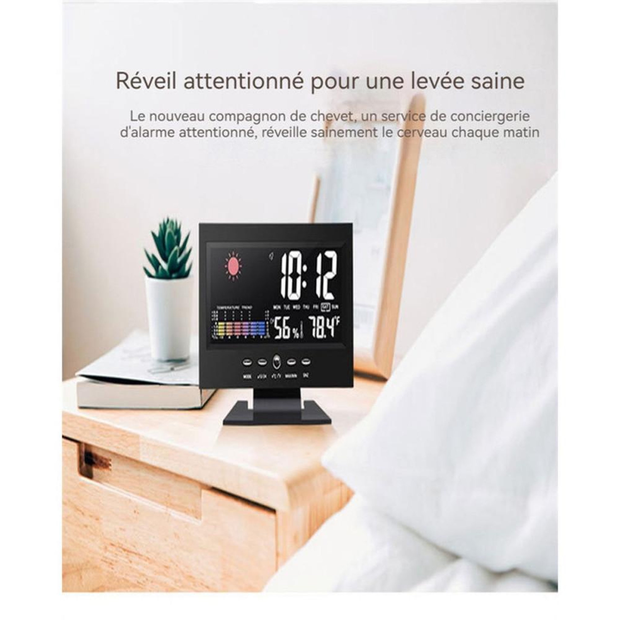 Voir la diapositive 4 : Réveil horloge numérique LCD rétroéclairé noir avec météo, température °C/°F et humidité, affichage heure, date et jour, graphique tendance et SNZ