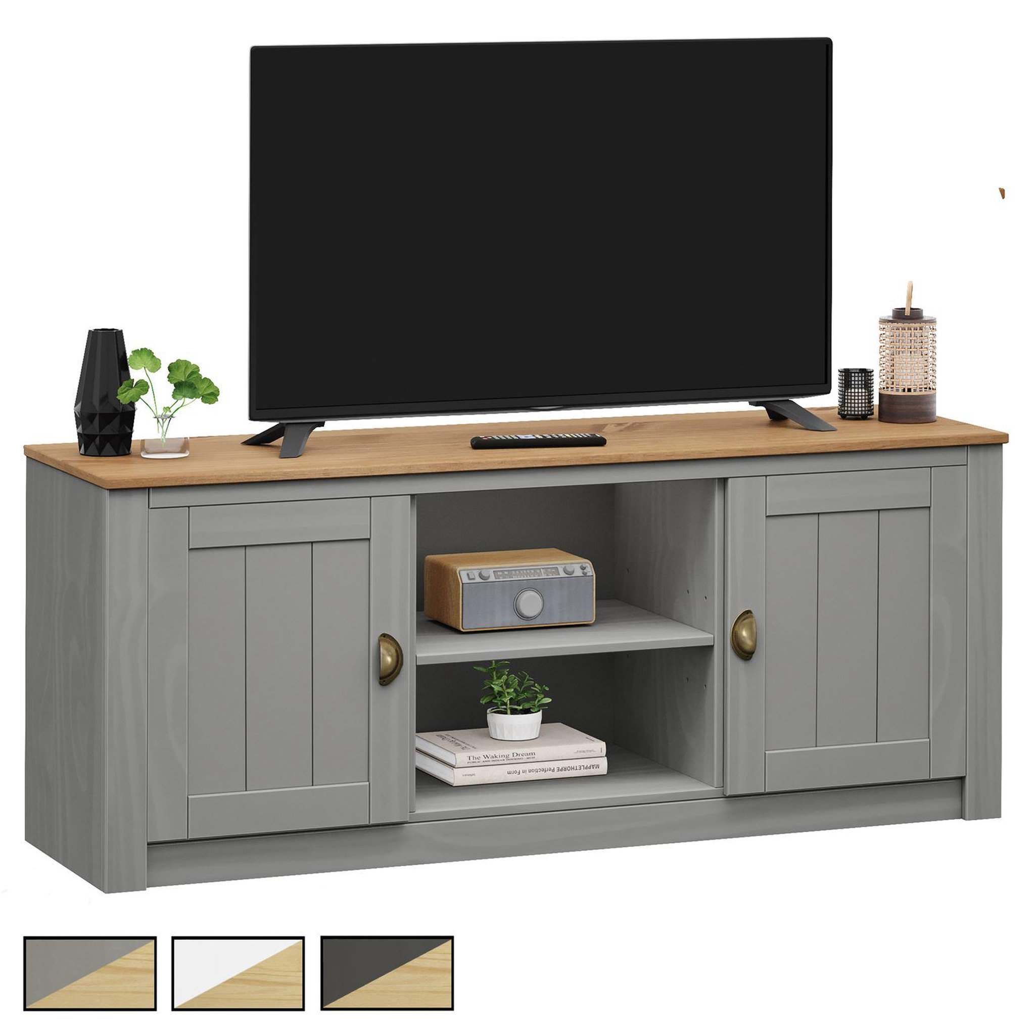IDIMEX Meuble TV BOLTON 2 portes et 2 niches, en pin massif. Coloris disponibles : Bicolore