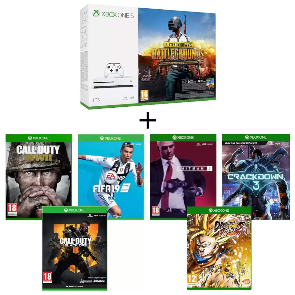 MICROSOFT Console Xbox One S 1To PUBG + Dragon Ball FighterZ + Call of Duty WWII + Fifa 19 + Crackdown 3 + Call of Duty Black Ops 4 + Hitman 2