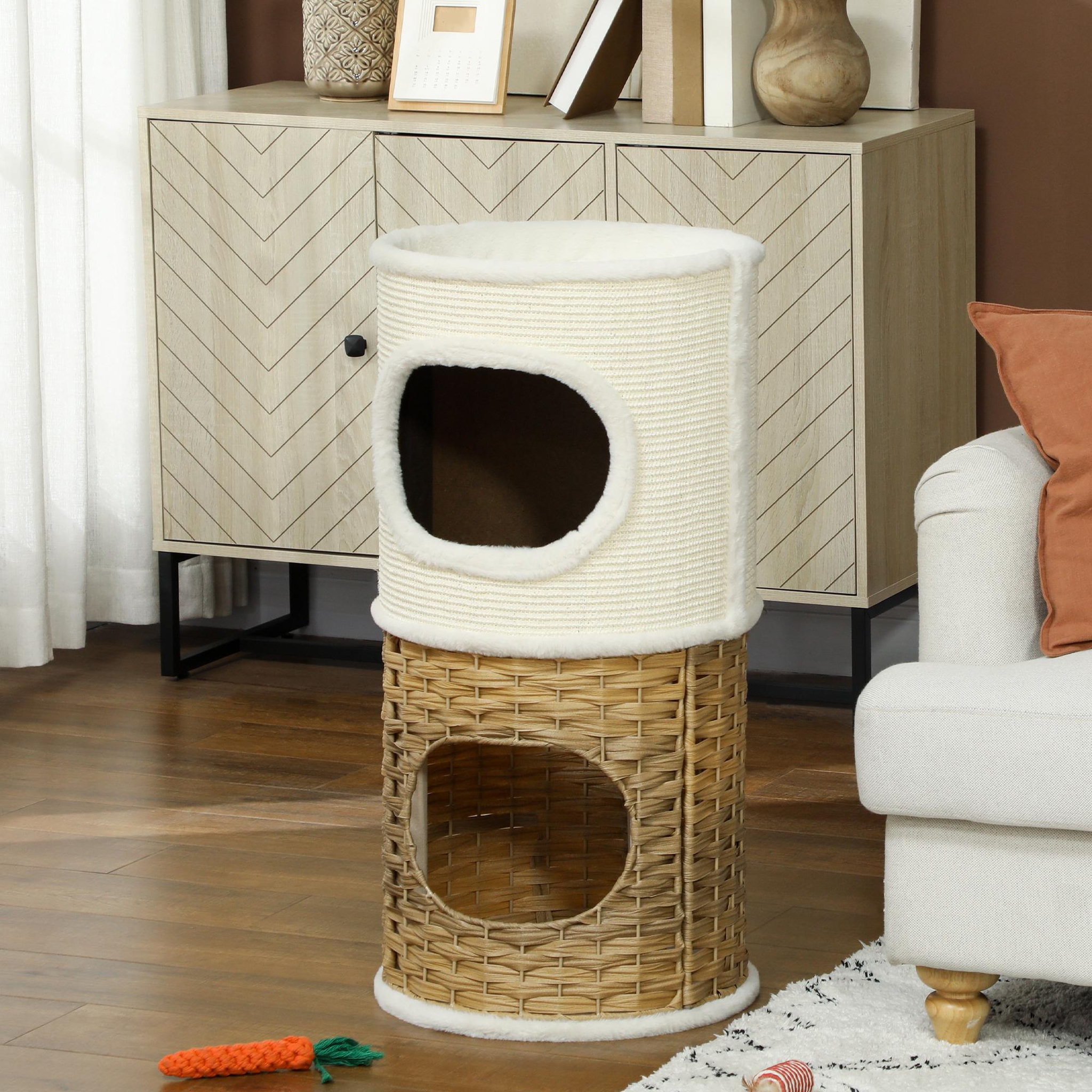 Voir la diapositive 2 : PAWHUT Tour à griffer pour chat 3 niveaux - 2 niches, panier observation- h.75,5 cm - résine tressée sisal