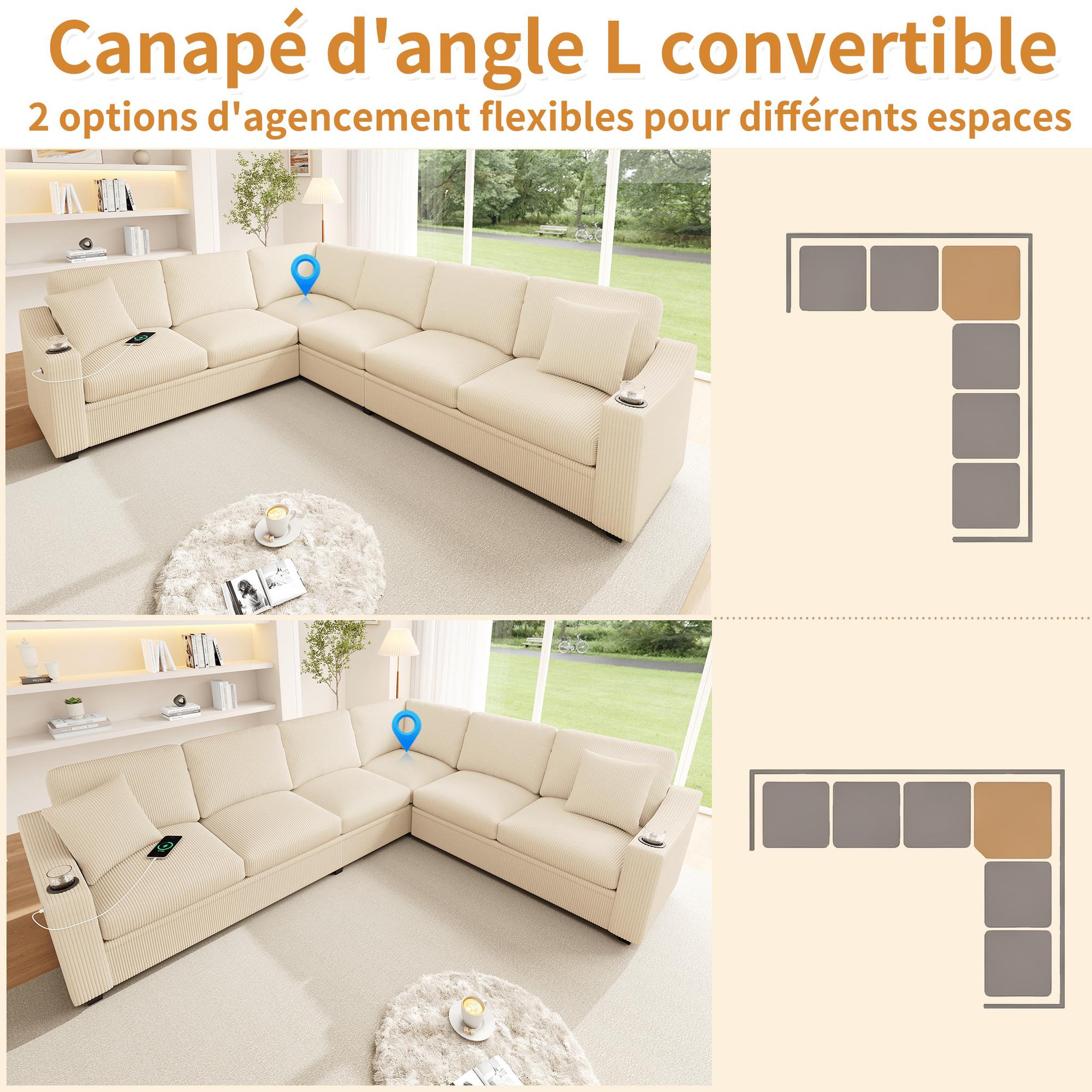 Voir la diapositive 6 : MERAX Canapé d'angle modulable 6 places avec usb type-c porte-gobelets tissu côtelé
