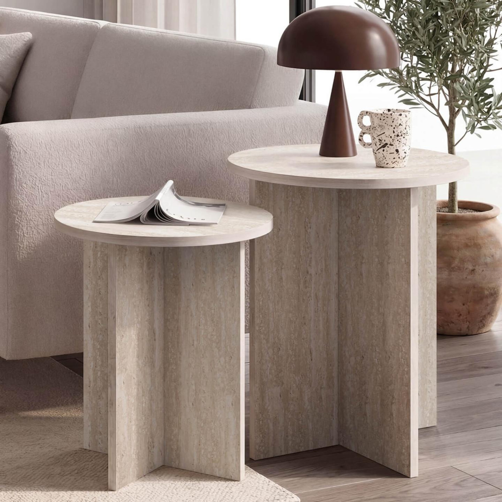 Voir la diapositive 2 : ID MARKET Lot de 2 tables d'appoint rondes, table basse, bouts de canapé, tables de chevet marthe 35/40 cm bois effet travertin
