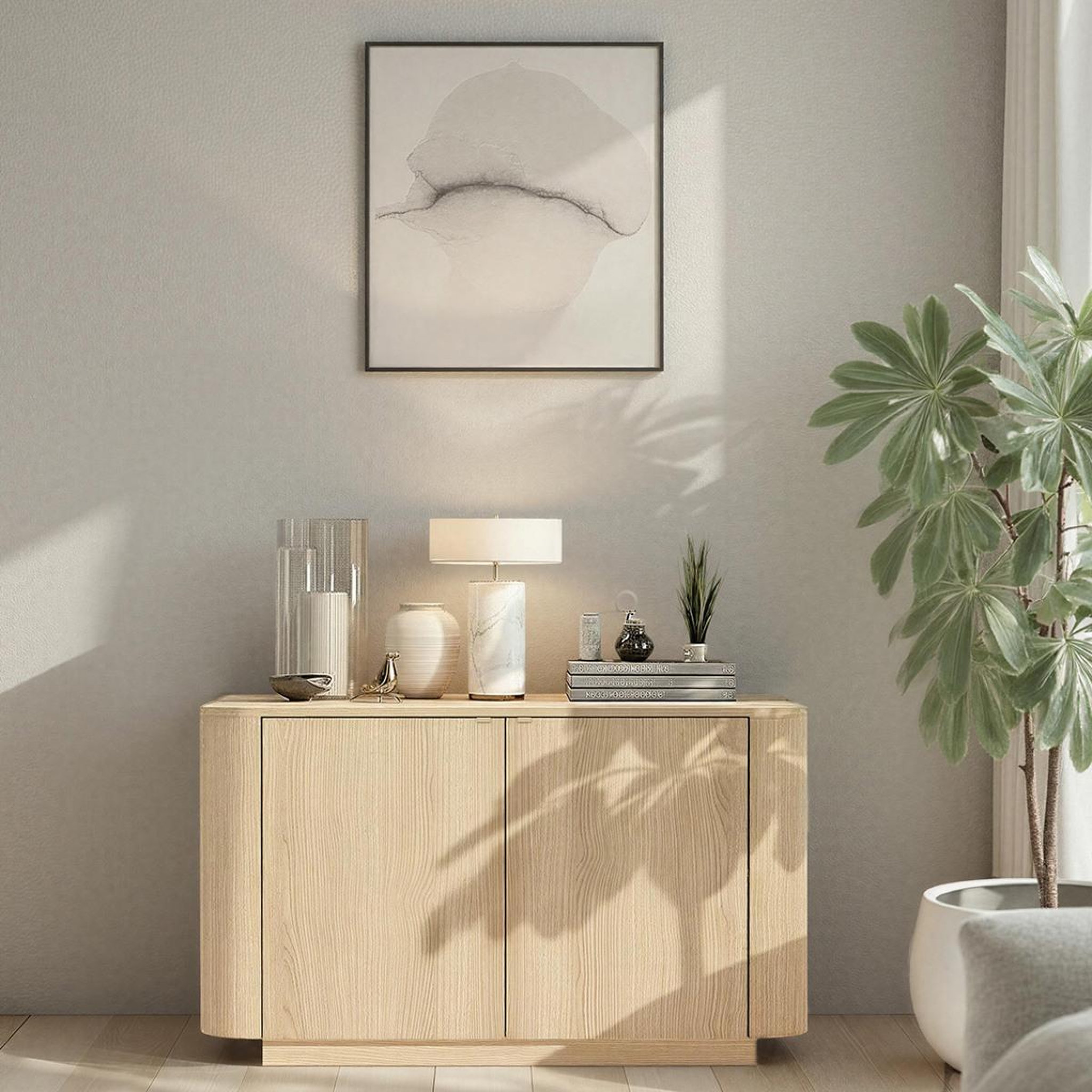Voir la diapositive 3 : JLC KREATION Buffet bas arrondi 2 portes coloris chêne 130cm tika
