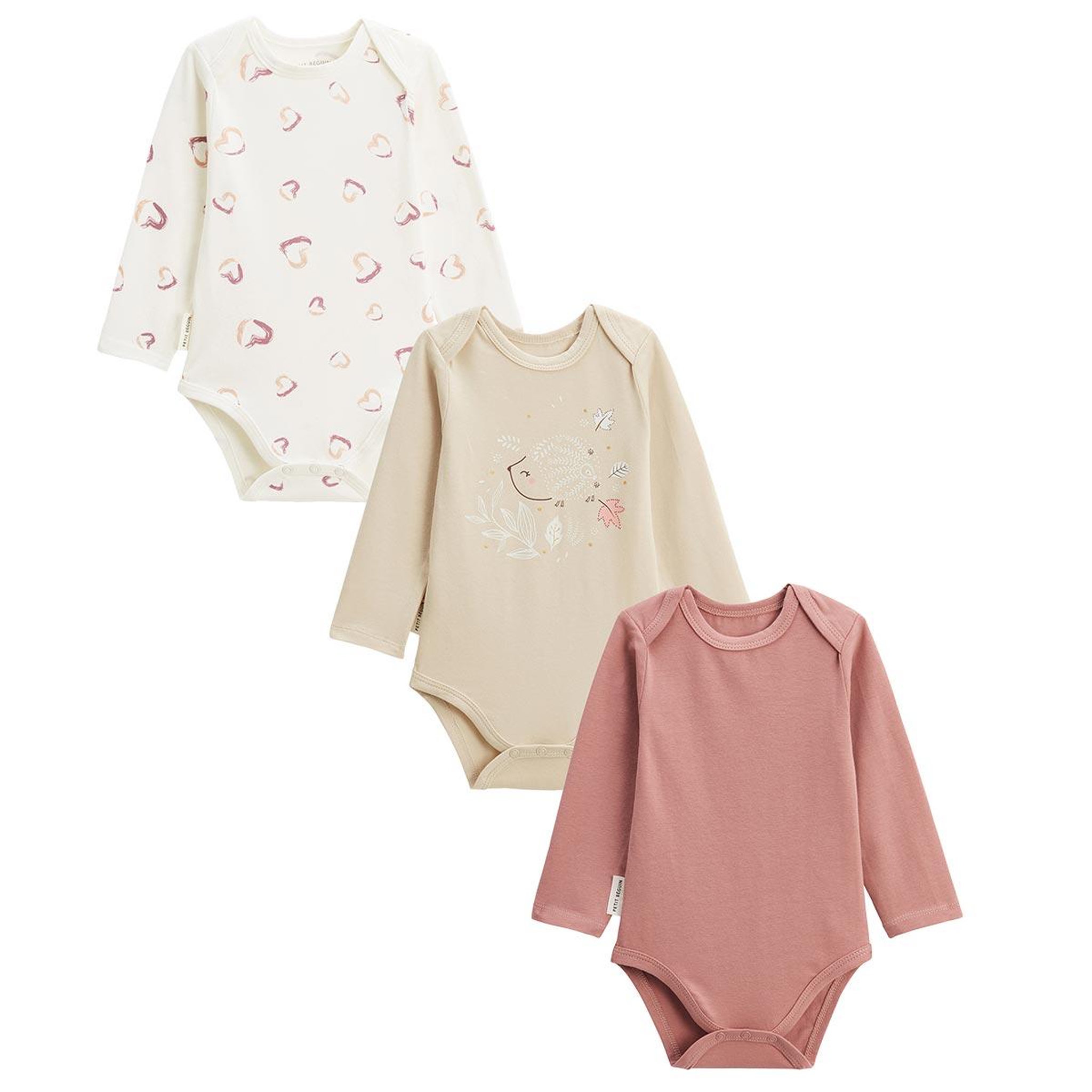 Petit Béguin Lot de 3 bodies bébé manches longues Maya. Coloris disponibles : Rose