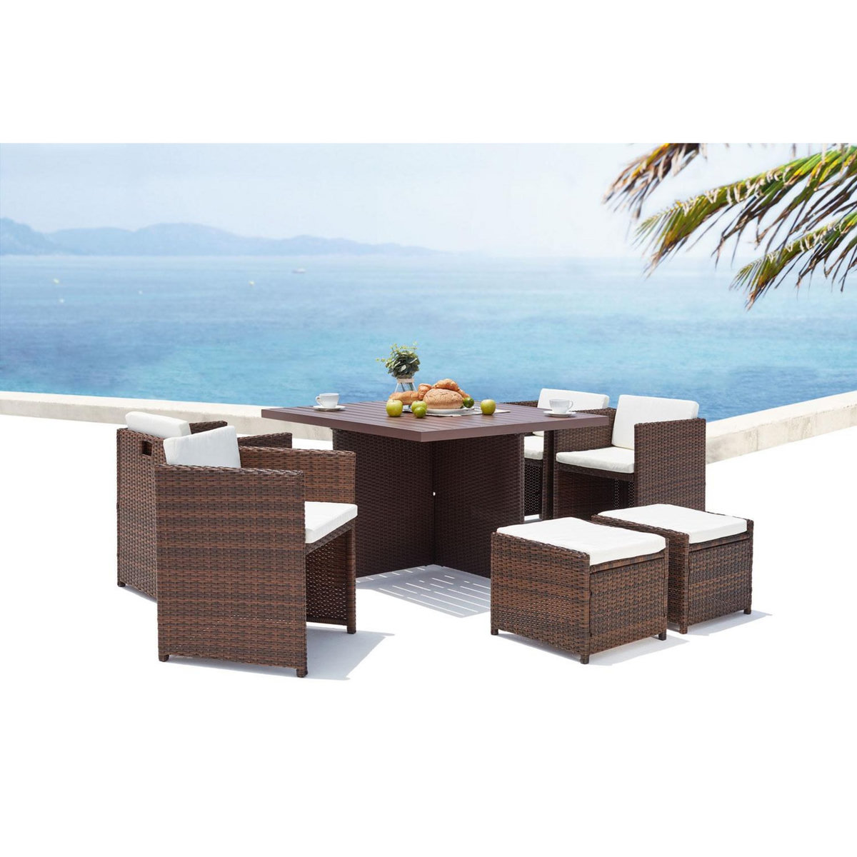 CONCEPT USINE Table et chaise 8 places encastrables alu résine marron-blanc SUNSET