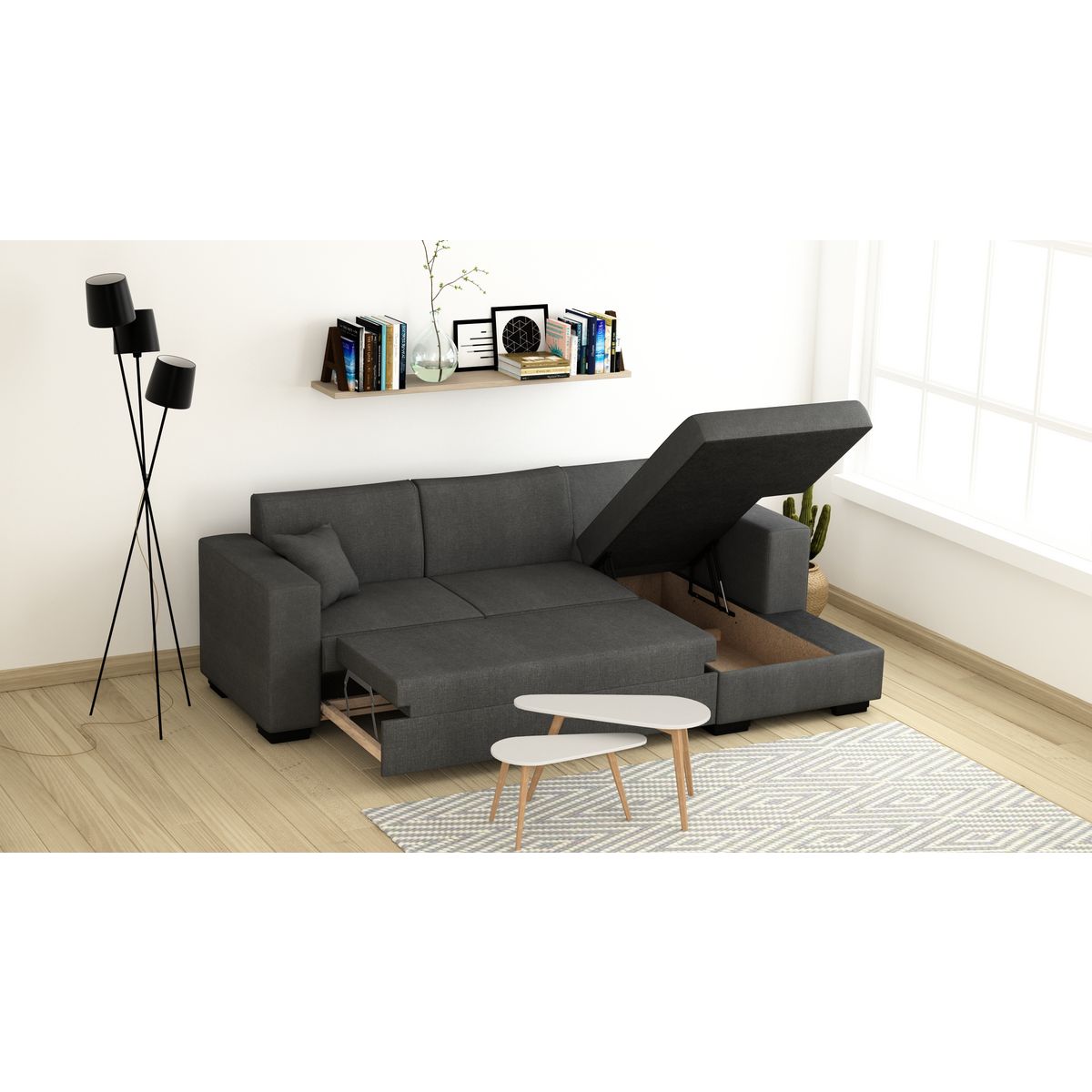 Canapé d'angle droit convertible 4 places avec coffre  de rangement revêtement tissu CARIBEA 