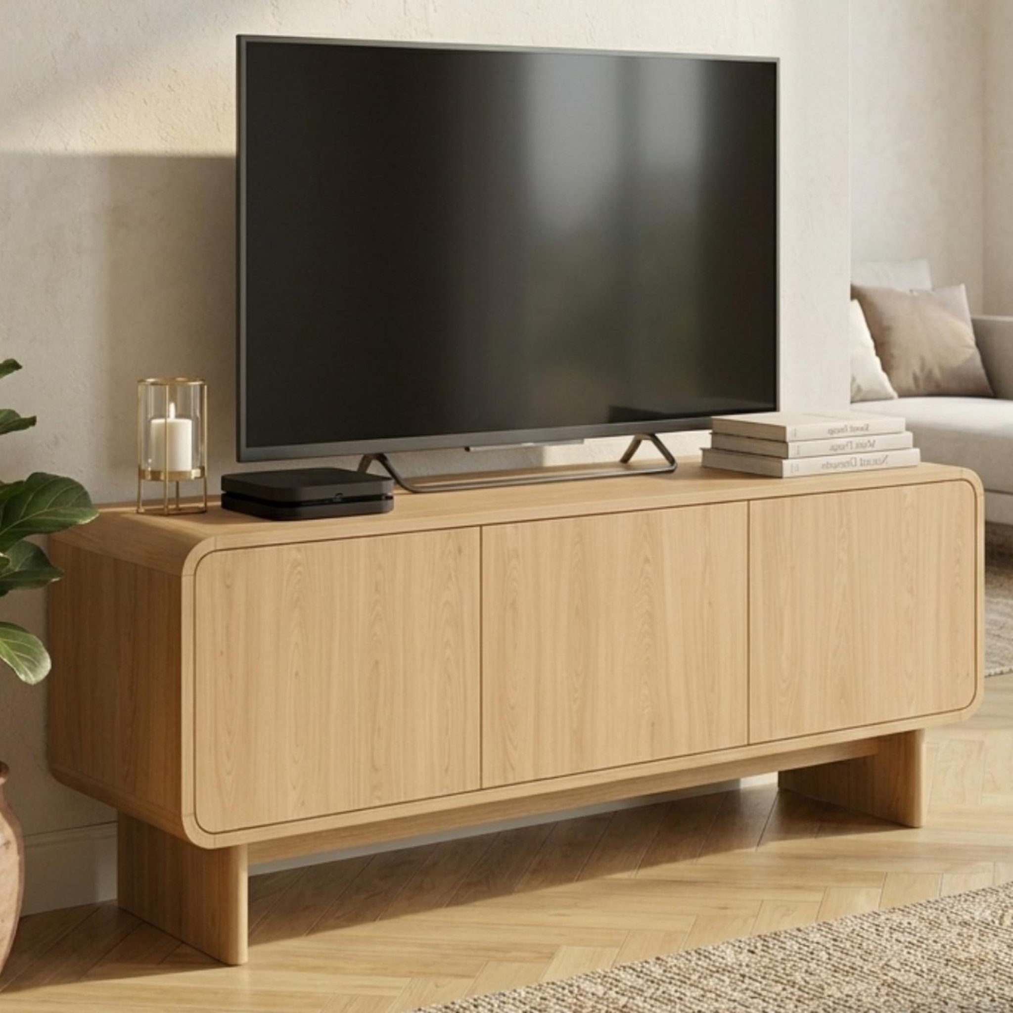 Voir la diapositive 2 : ID MARKET Meuble tv 140 cm capucine 3 portes façon hêtre design arrondi