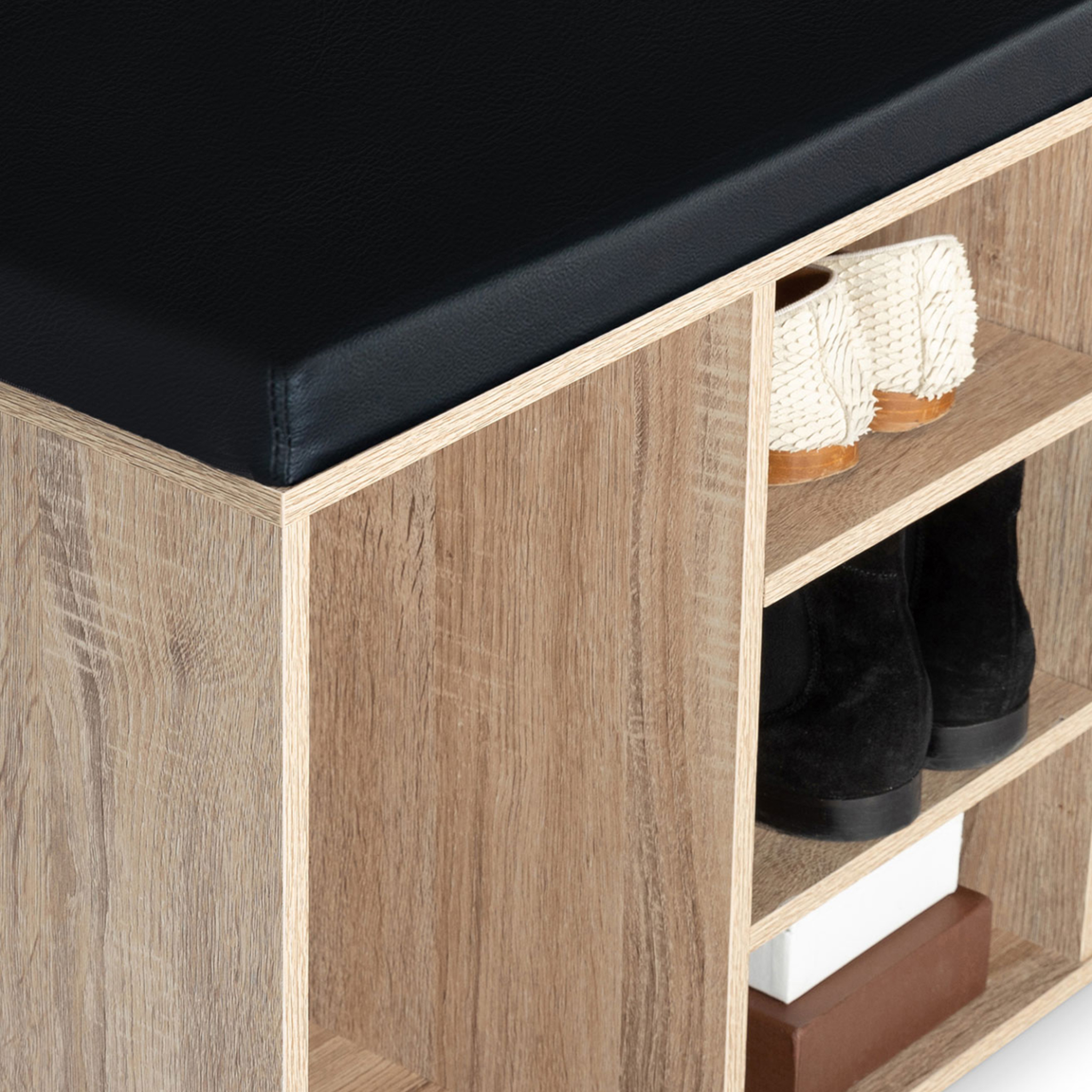 Voir la diapositive 4 : ID MARKET Banc d'entrée chaussures avec coussin teo bois façon hêtre
