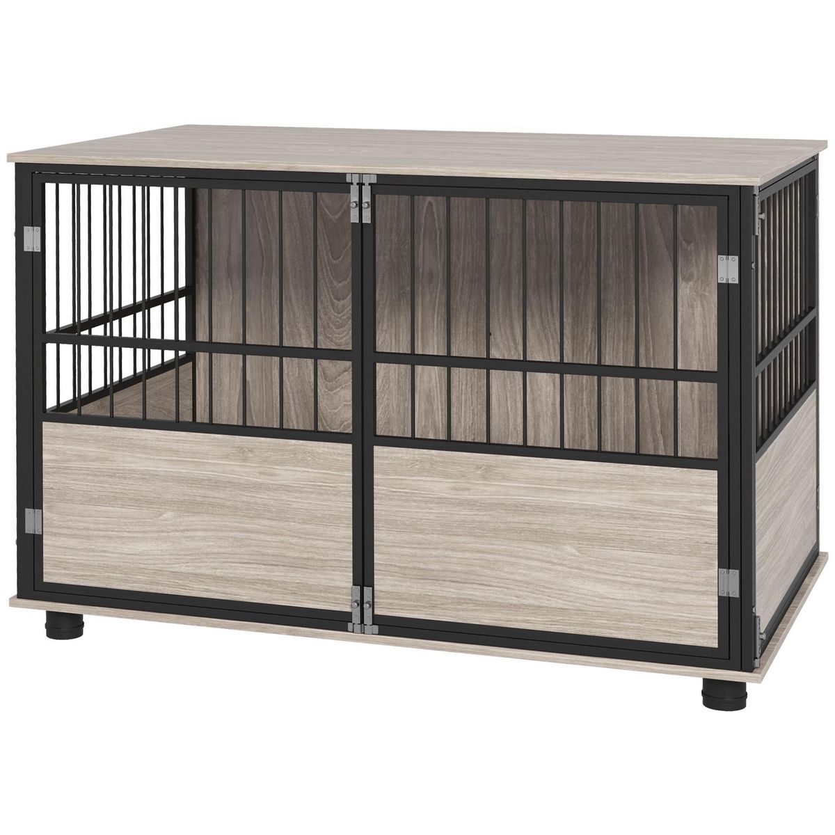 PAWHUT Cage pour chien animaux style industriel - porte coulissante verrouillable - acier noir panneaux aspect bois