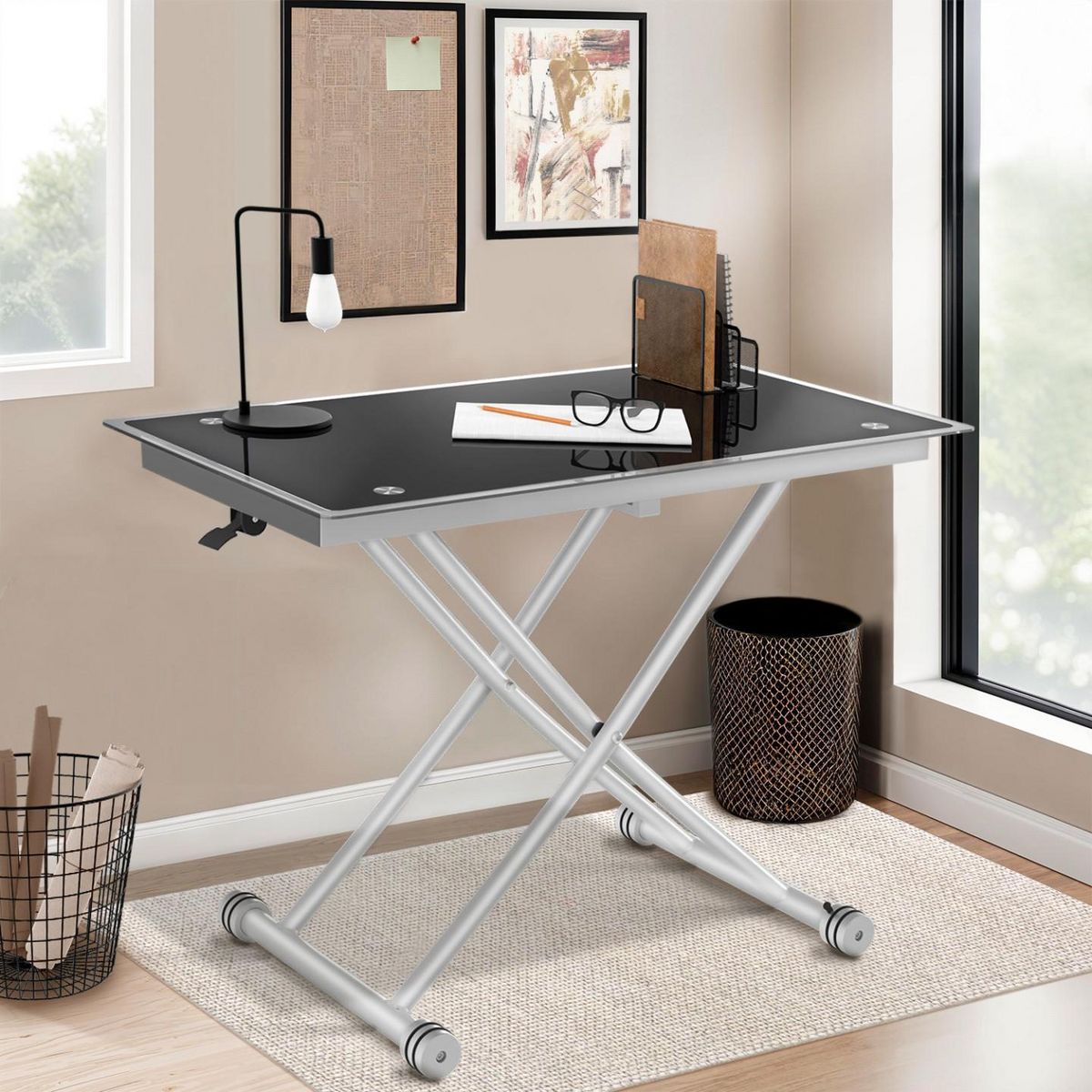 ID MARKET Table basse fixe relevable en table à manger rectangulaire URBANA plateau verre trempé pied chrome