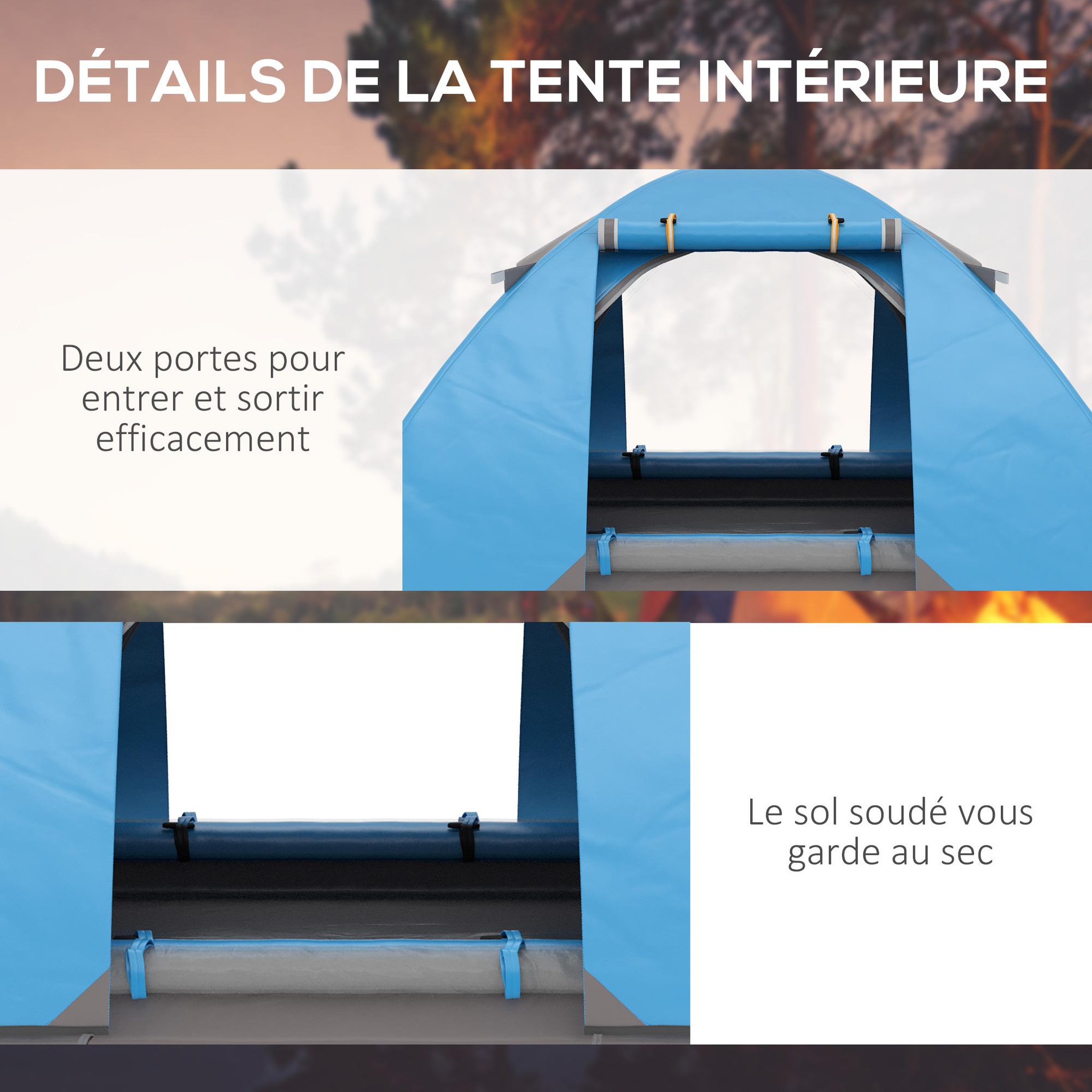 Voir la diapositive 5 : OUTSUNNY Tente de camping 2-3 personnes dim. 268L x 214l x 103H cm - 2 portes zippées, tapis sol, sac transport - alu. polyester gris bleu