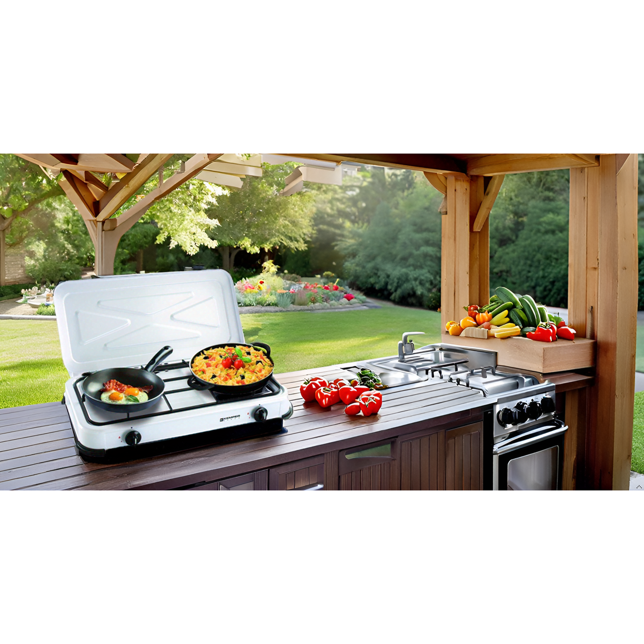 Voir la diapositive 3 : Kemper Réchaud gaz portable 2 feux 2600W Blanc laqué Couvercle Plaque de cuisson KEMPER