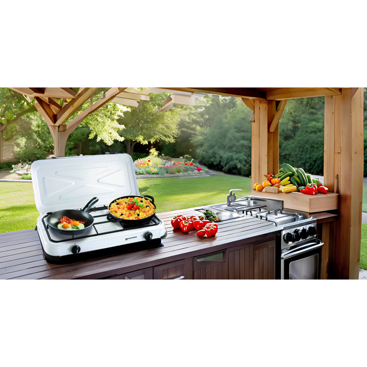 Kemper Réchaud gaz portable 2 feux 2600W Blanc laqué Couvercle Plaque de cuisson KEMPER