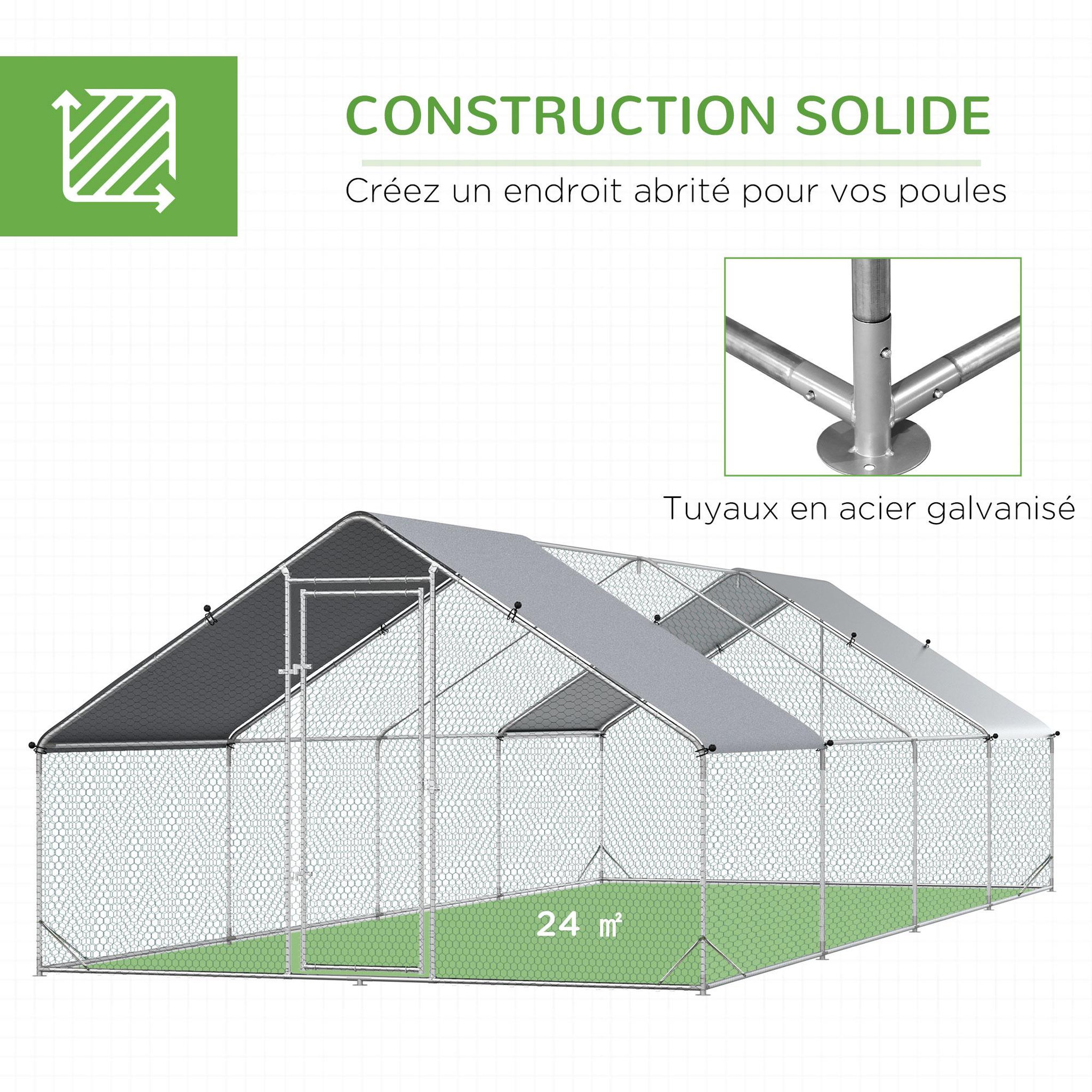 Voir la diapositive 6 : PAWHUT Enclos poulailler chenil 24 m² - parc grillagé dim. 8L x 3l x 2H m - double espace couvert - acier galvanisé