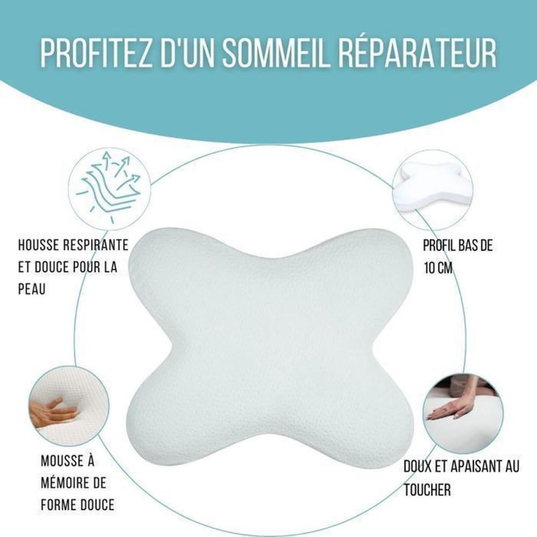 Voir la diapositive 4 : Oreiller Papillon ergonomique à mémoire de forme profil bas 10 cm, 56x46 cm, blanc, taie en coton amovible
