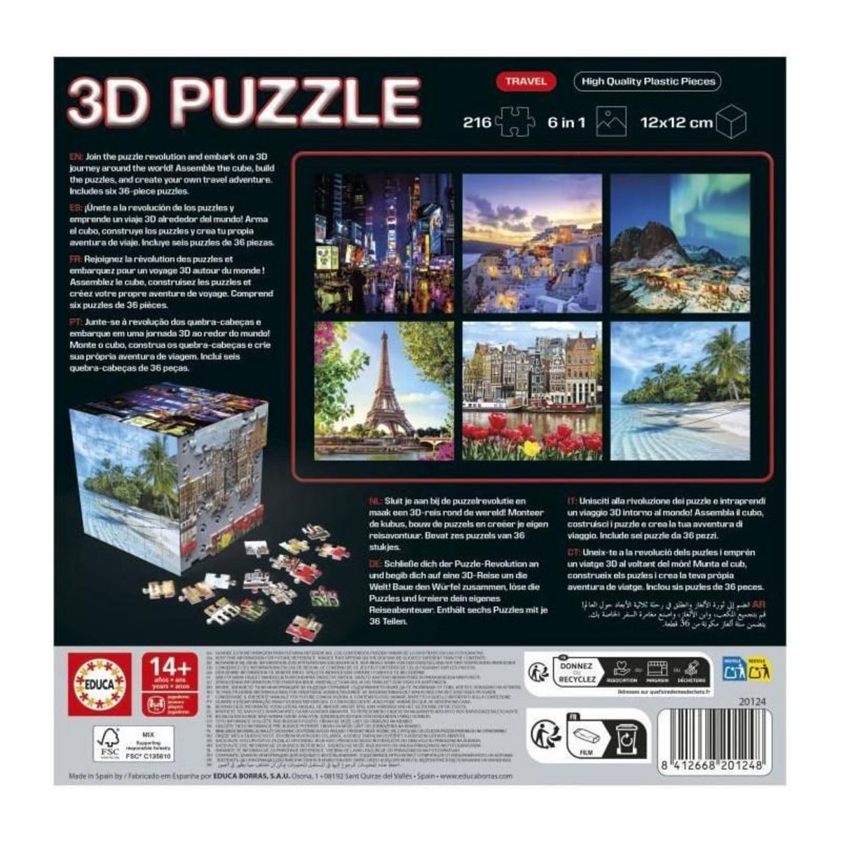 EDUCA Puzzle 3D - EDUCA - Cube Voyage - 216 Pieces - 6 Puzzles de 36 Pieces - Défi Ludique 8 Ans + (20124)