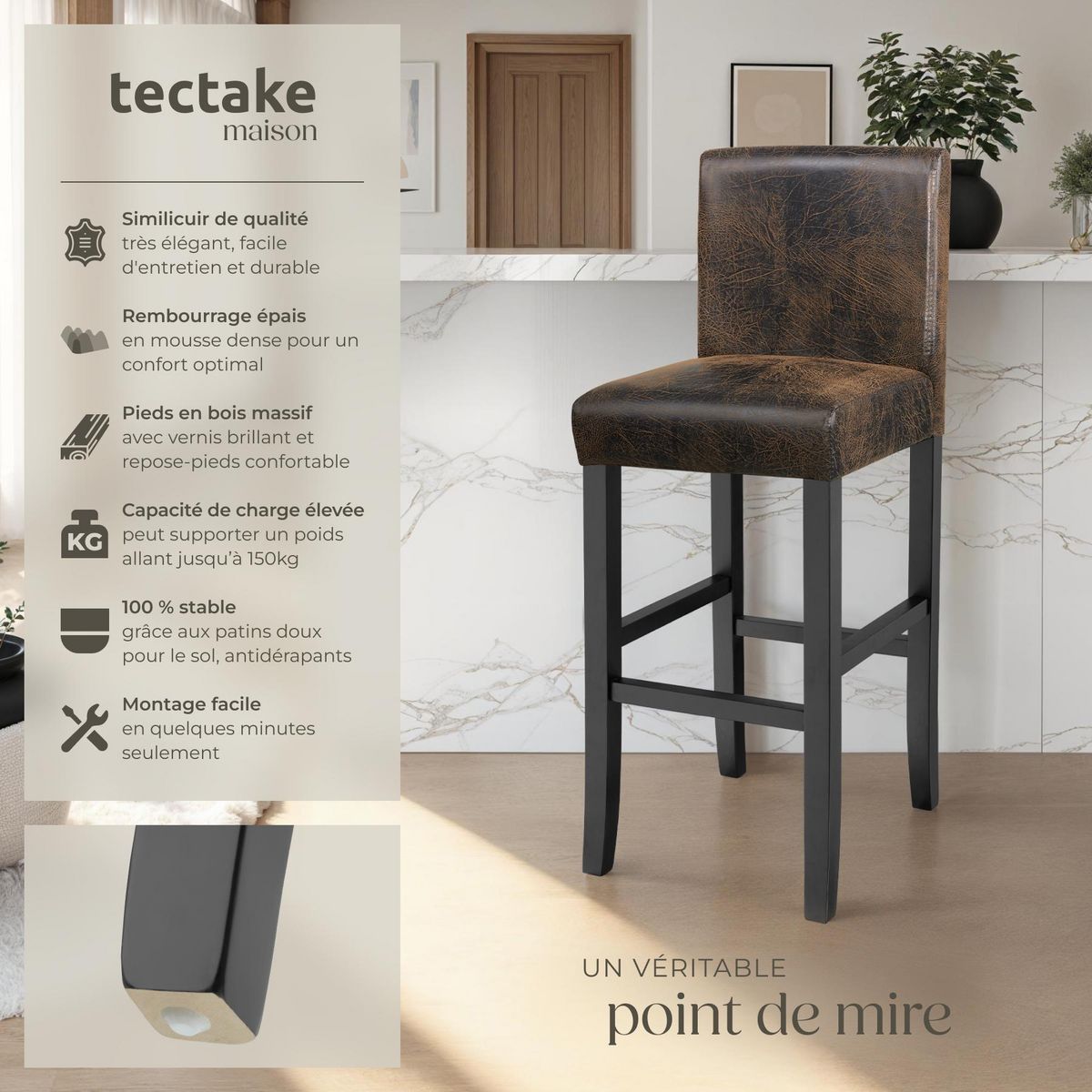 tectake Tabouret de bar rembourré avec dossier marron foncé lot de 2