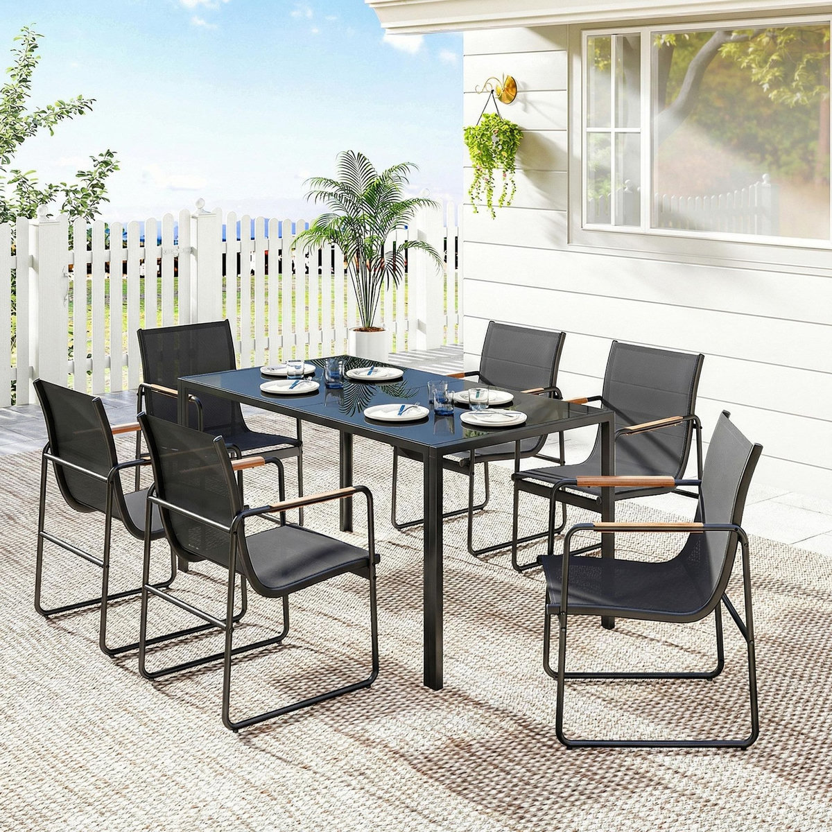 OUTSUNNY Salon de jardin 6 personnes 7 pièces acier verre noir
