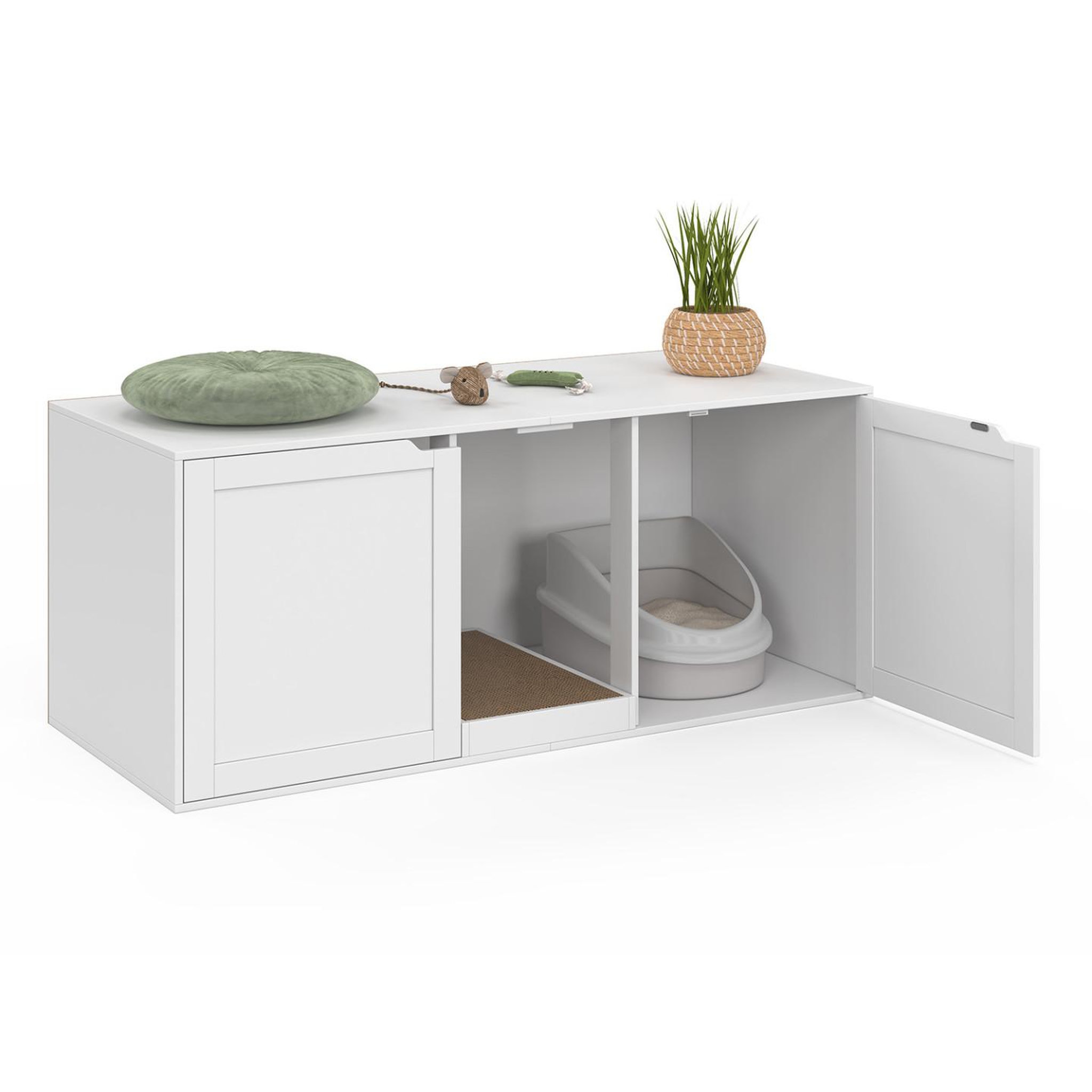 ID MARKET Maison de toilette chat XL cache-litière 2 portes et griffoir bois blanc
