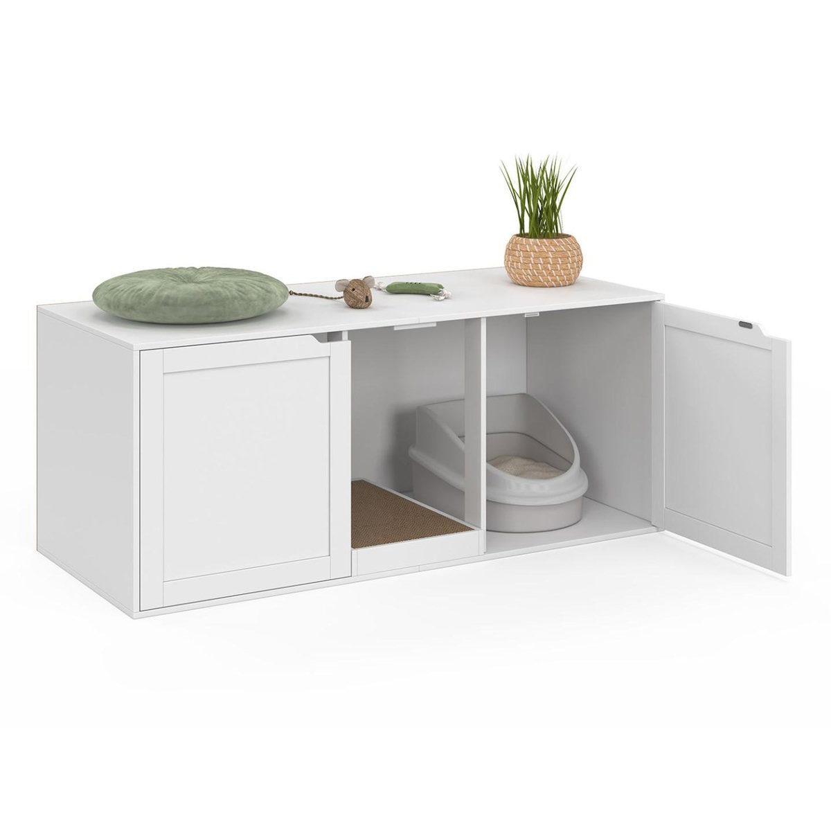 ID MARKET Maison de toilette chat XL cache-litière 2 portes et griffoir bois blanc