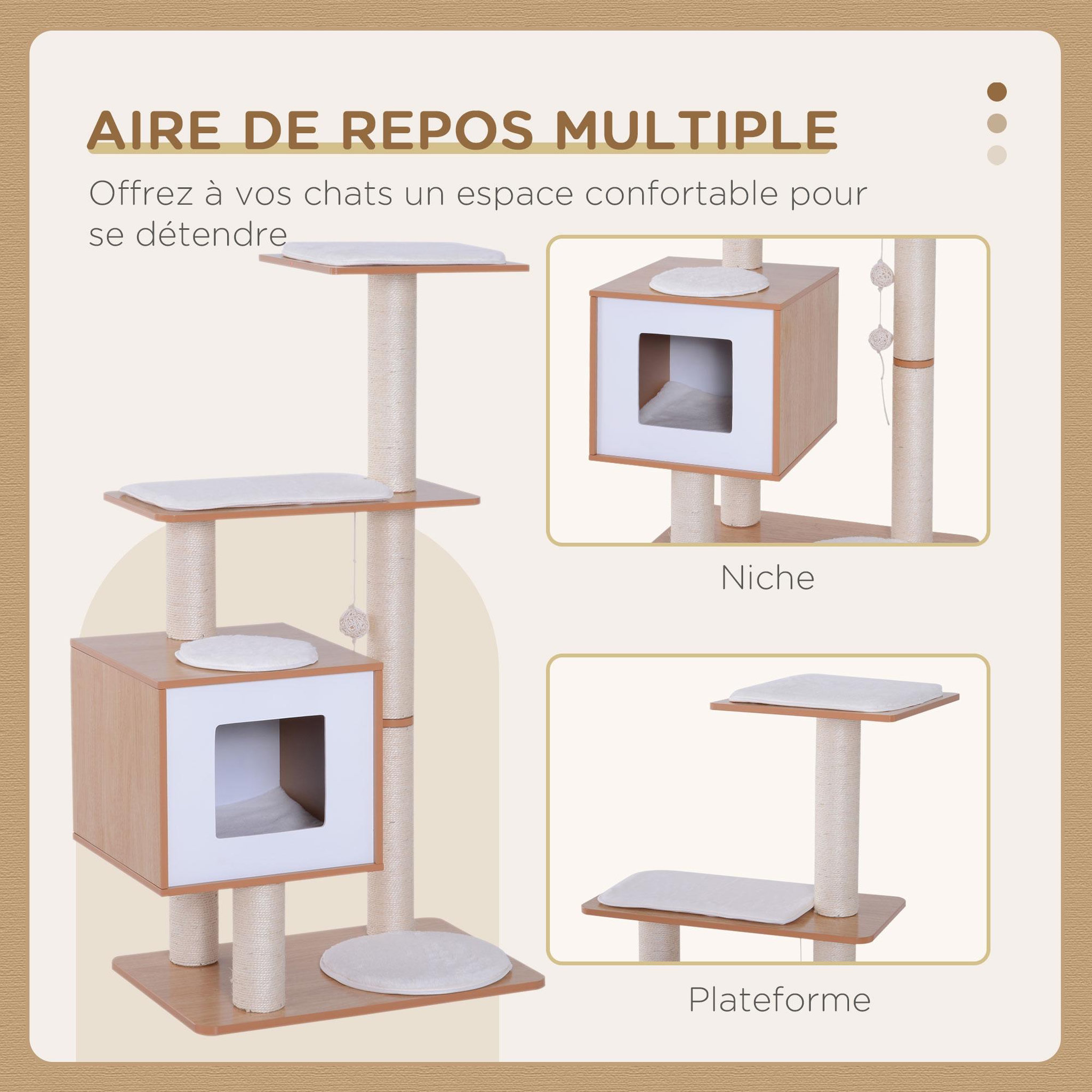 Voir la diapositive 4 : PAWHUT Arbre à chats design contemporain griffoirs grattoirs sisal naturel centre d'activités niche plate-formes jeu boules suspendues 71L x 49l x 120H cm MDF hêtre clair