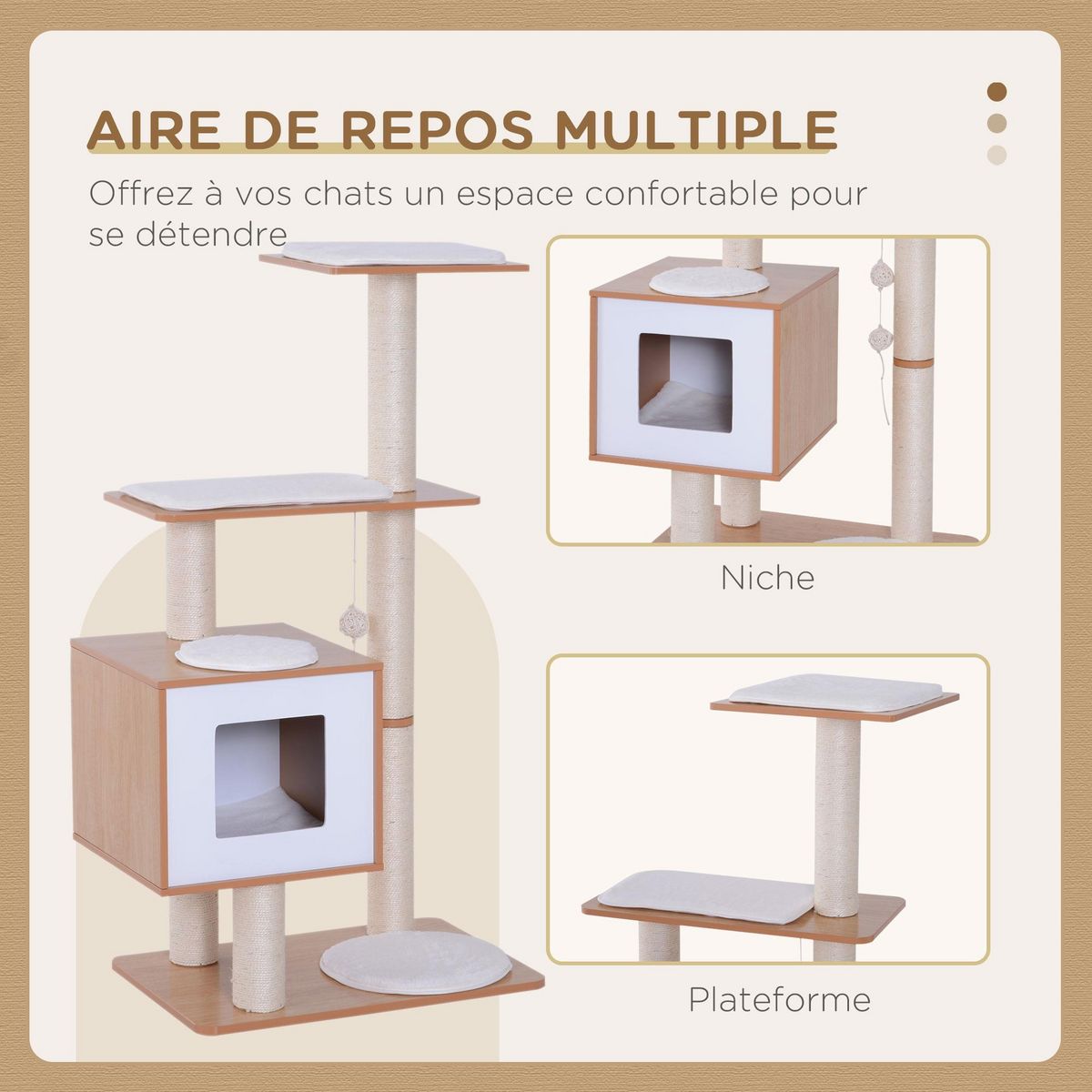 PAWHUT Arbre à chats design contemporain griffoirs grattoirs sisal naturel centre d'activités niche plate-formes jeu boules suspendues 71L x 49l x 120H cm MDF hêtre clair