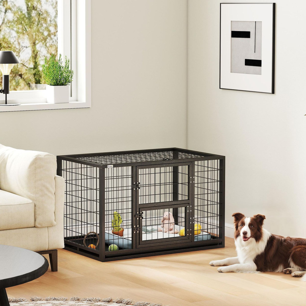 PAWHUT Cage pour chien 94 x 60 x 64 cm toit ouvrant trappes nourrissage porte acier noir