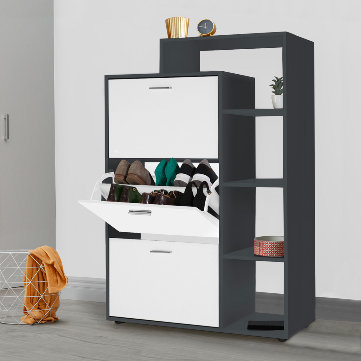 ID MARKET Meuble à chaussures 18 paires KLARK gris 3 portes blanches avec étagère