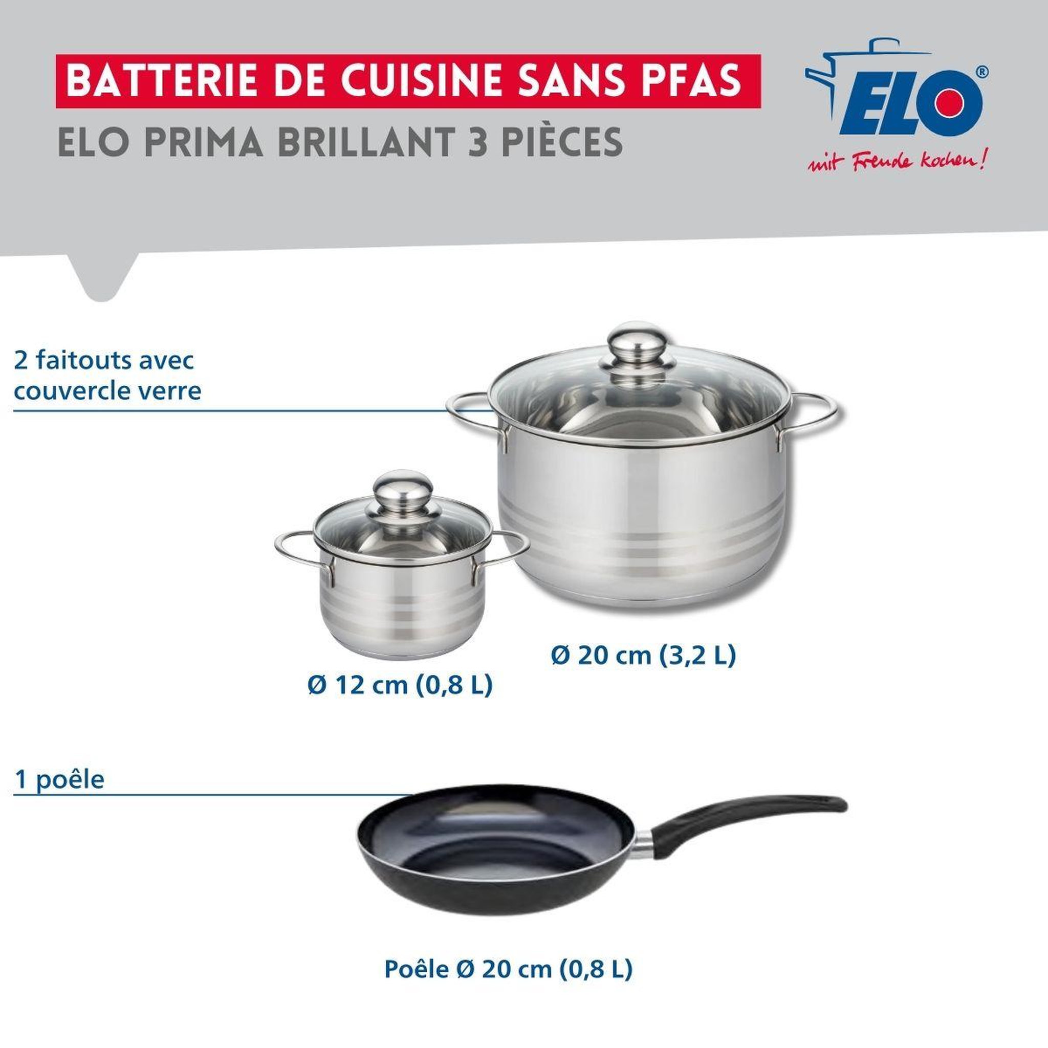 Voir la diapositive 2 : ELO Ensemble de 1 poêle de cuisson 20 cm et 2 faitouts 12 et 20 cm elo prima brillant