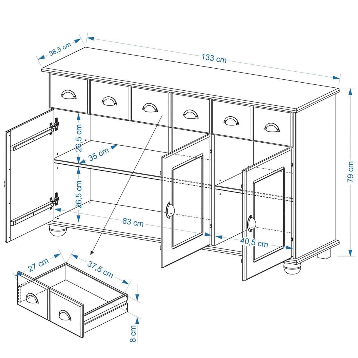 IDIMEX Buffet COLMAR en pin massif, 3 tiroirs et 3 portes