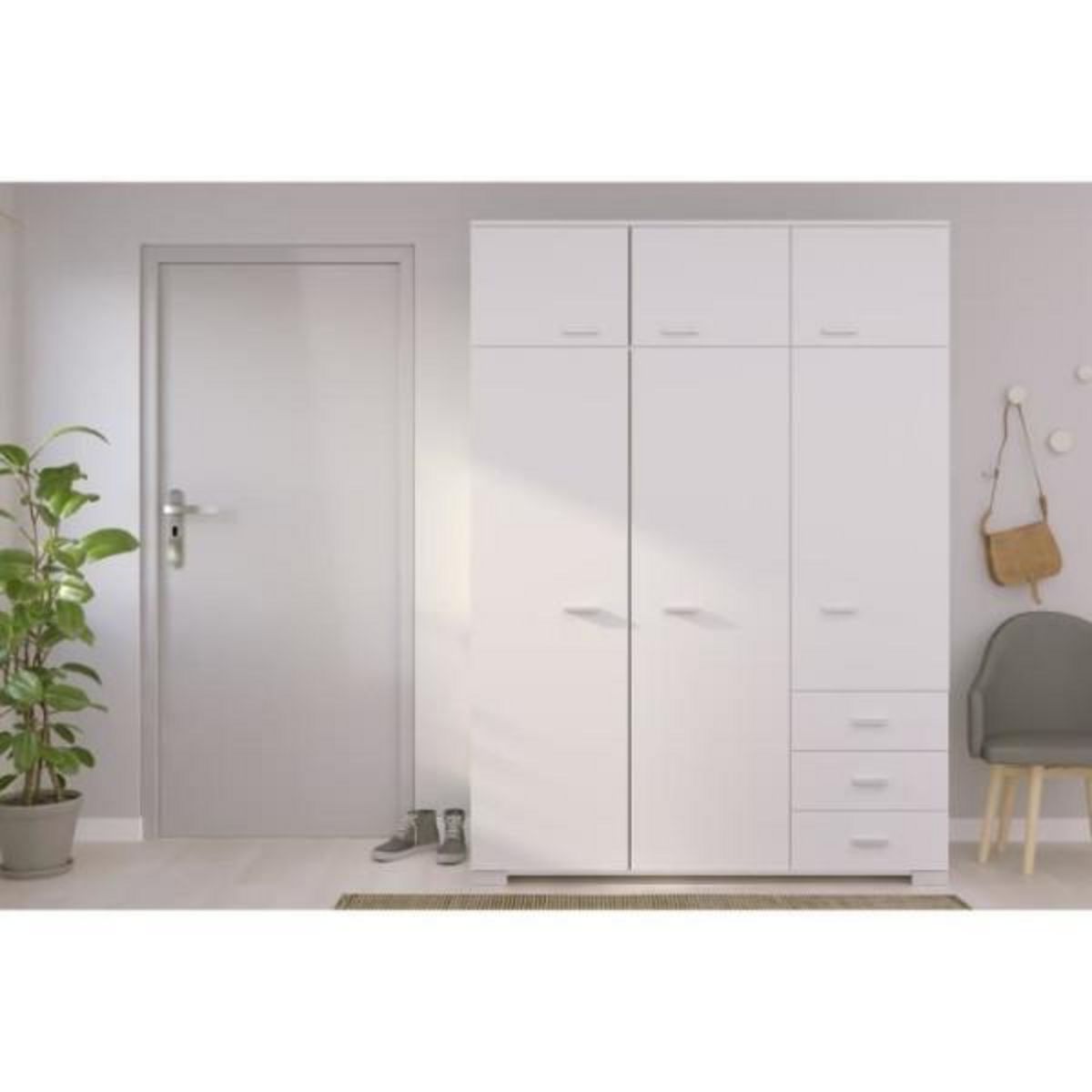 MARKET24 Armoire de chambre contemporaine blanche - COSMOS - L 146 cm - 6 portes, 3 tiroirs