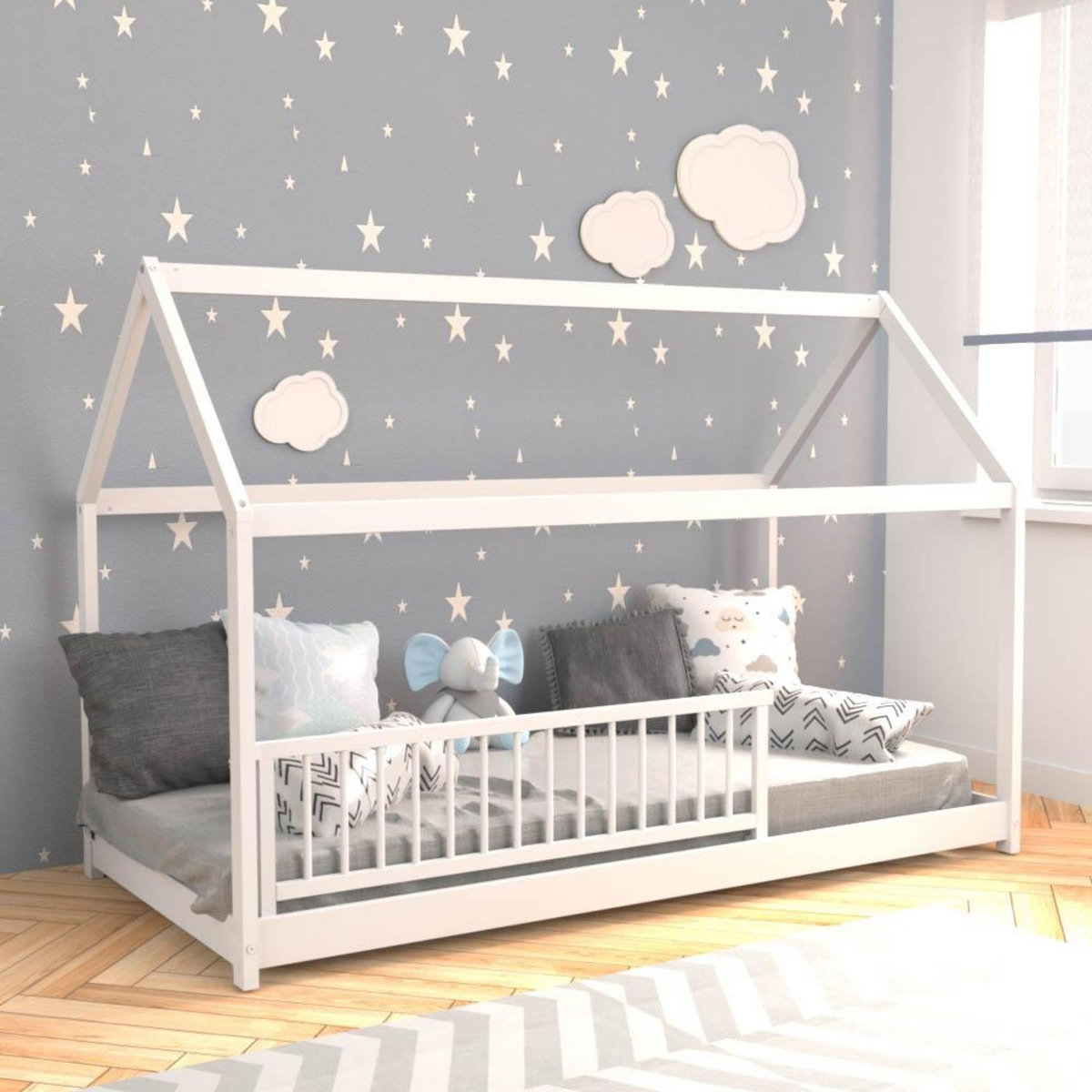 Lit cabane enfant en bois massif 90 x 190 cm avec sommier + barrière de lit LOUIS