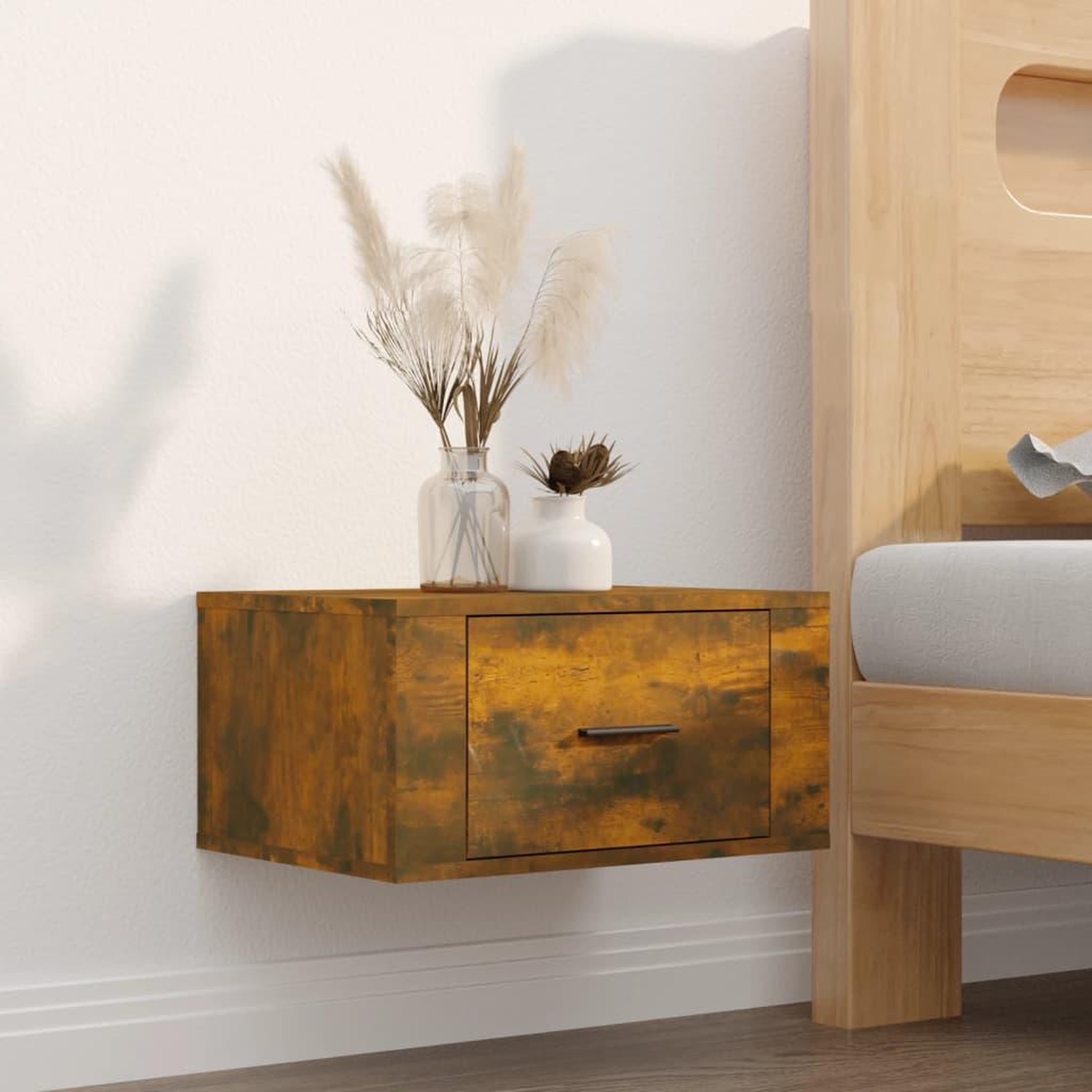 Voir la diapositive 1 : VIDAXL Table de chevet murale Chene fume 50x36x25 cm