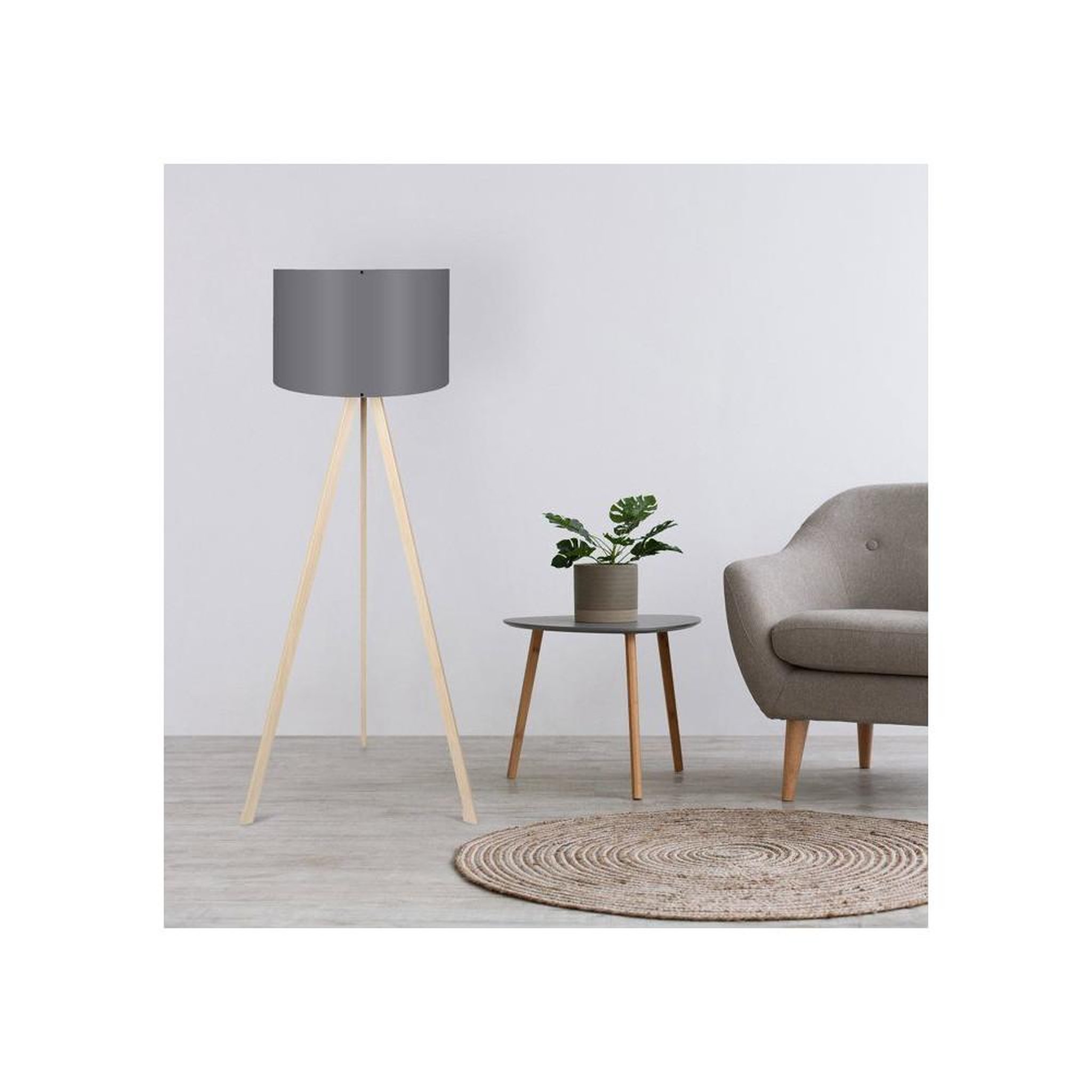 Voir la diapositive 2 : Lampadaire style scandinave moderne gris et chêne clair, en MDF et tissu PVC, abat-jour gris, douille E27 40 W, dimensions 38 x 140 cm