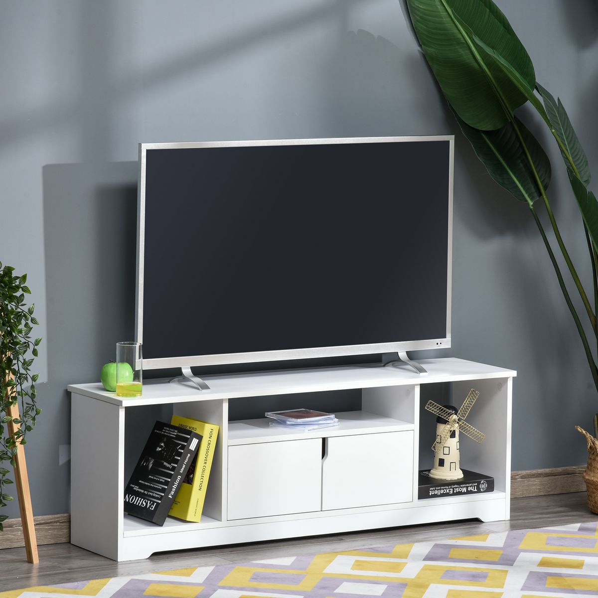 HOMCOM Meuble TV banc TV design contemporain - 3 niches, placard double porte - dim. 120L x 30l x 41H cm - panneaux particules blanc