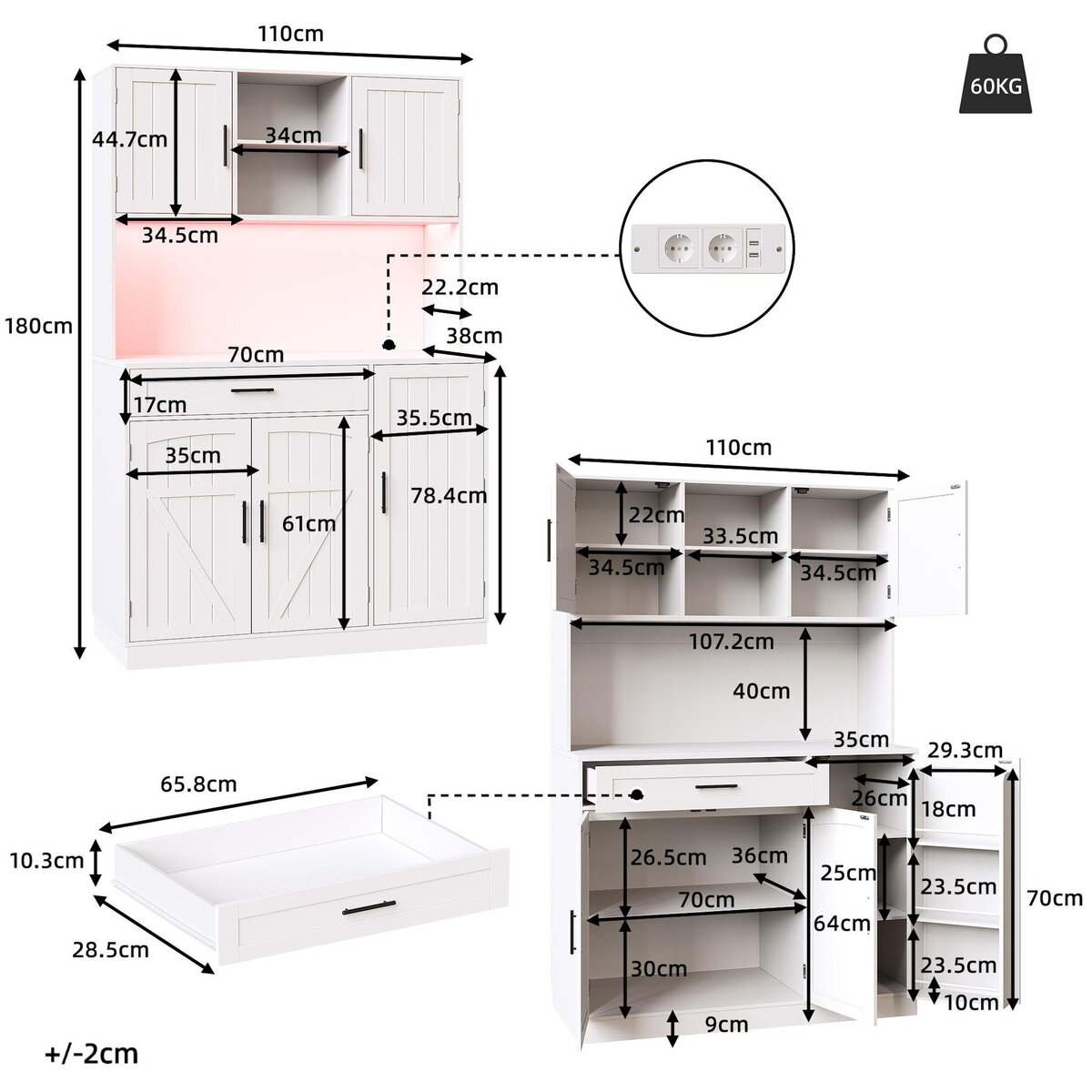 MERAX Buffet de cuisine 5 portes 1 tiroir - 110 cm blanc led mdf