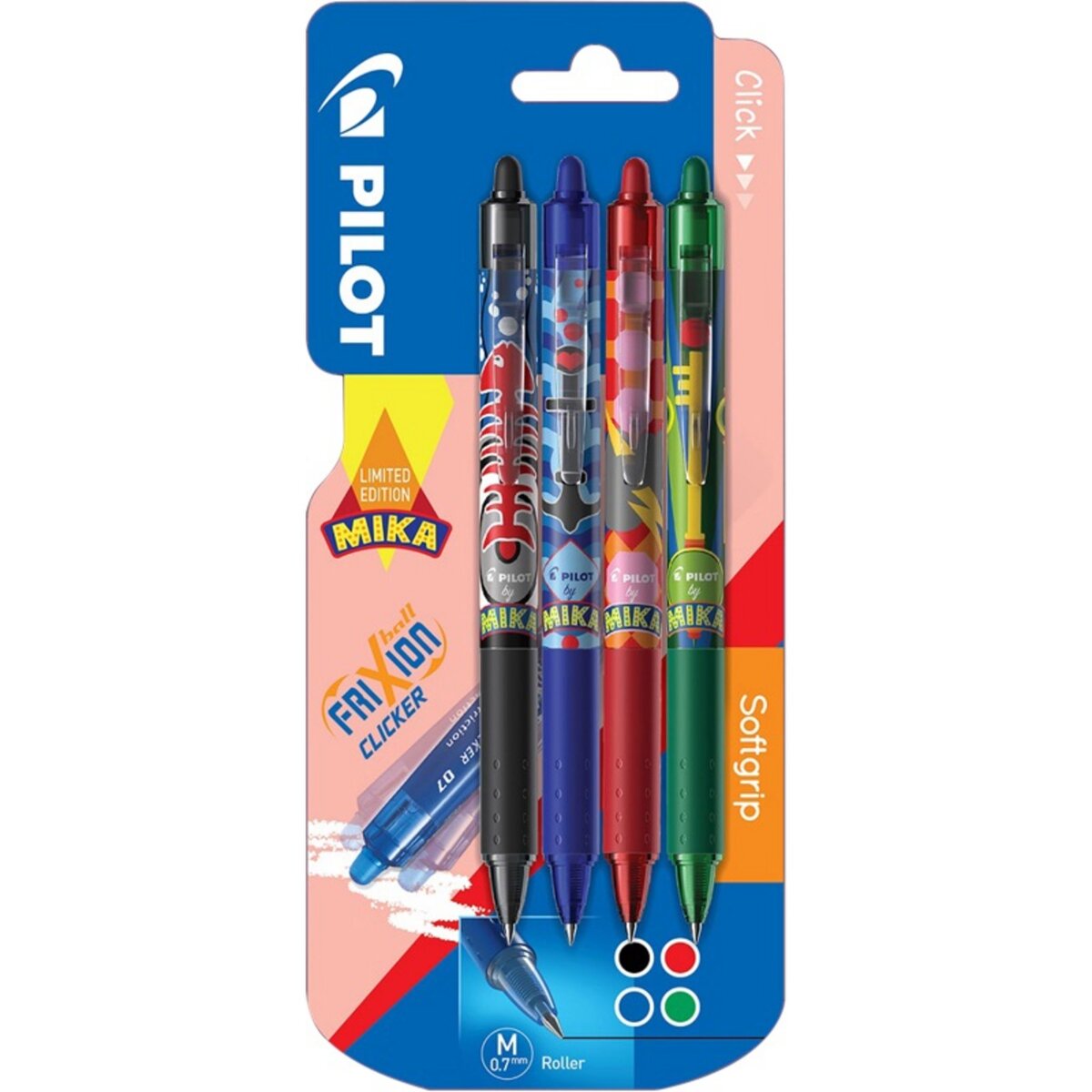 PILOT  Lot de 4 stylos rollers effaçables Frixion clicker collection Mika assortiment Noir Bleu Rouge Vert