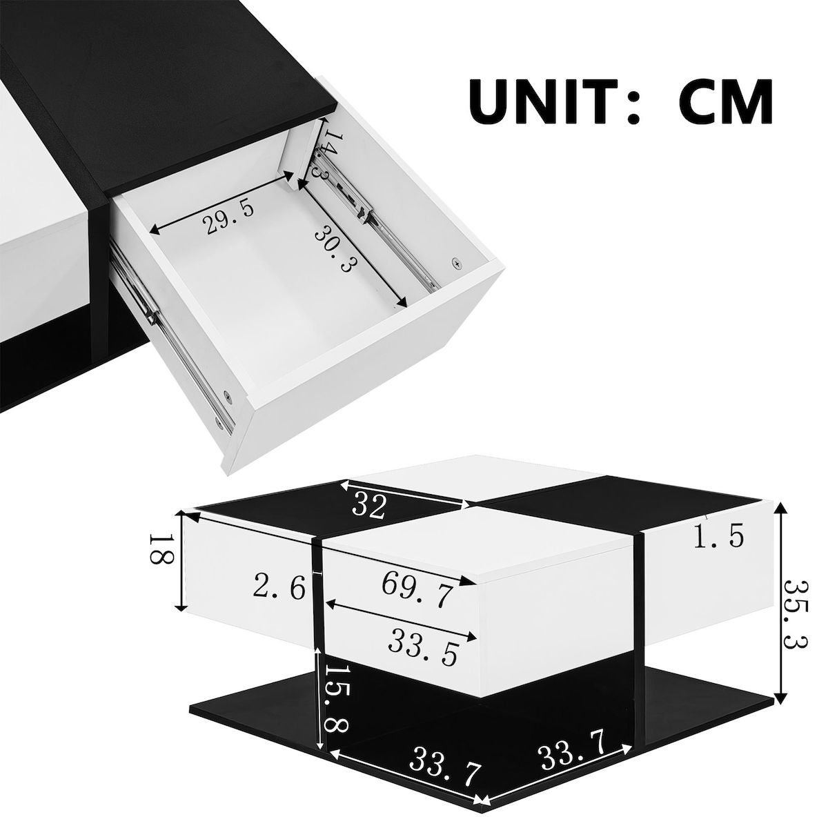 MERAX Table basse carrée noir+blanc avec 2 tiroirs - 70x70 cm panneau de particules