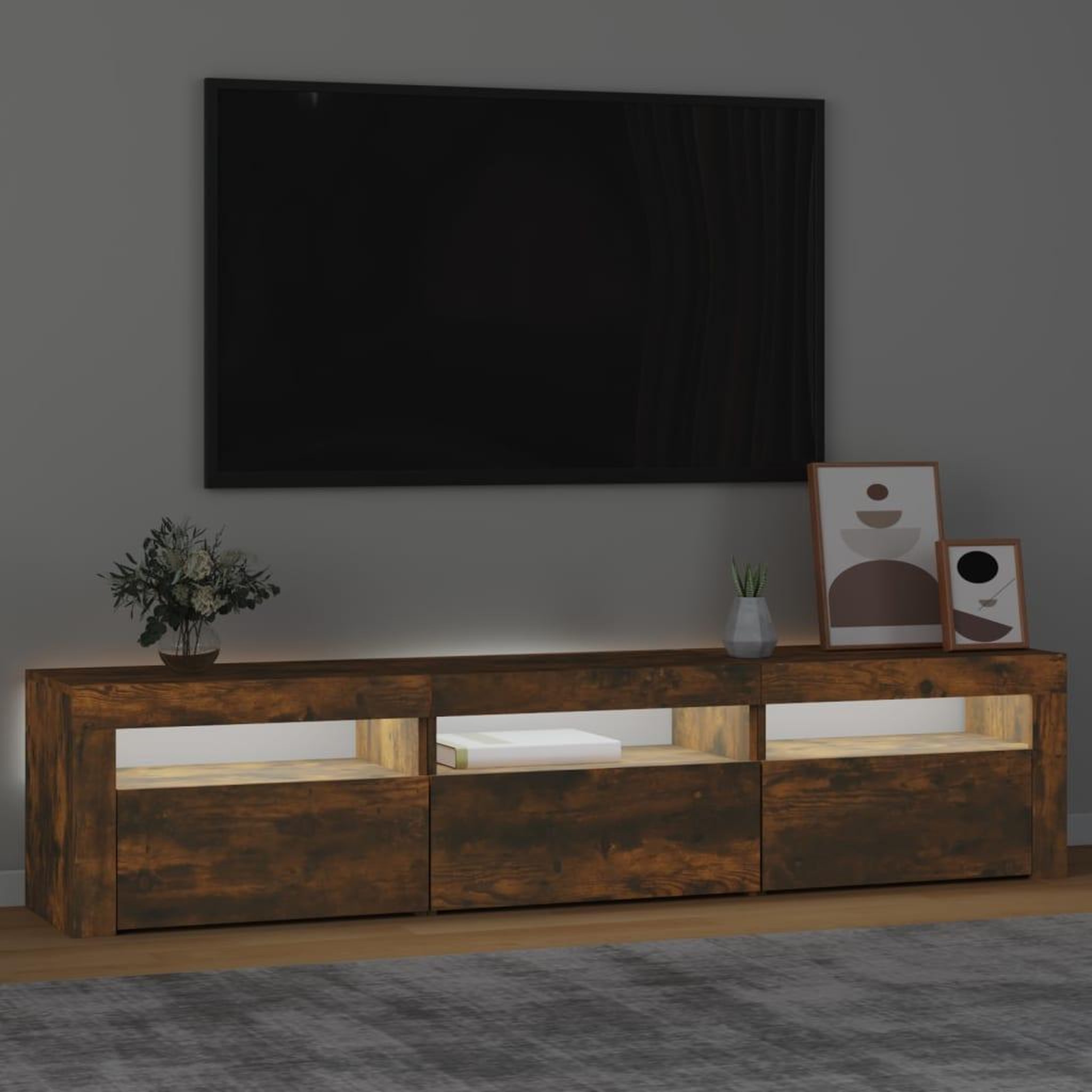 Voir la diapositive 3 : VIDAXL Meuble TV avec lumieres LED Chene fume 180x35x40 cm