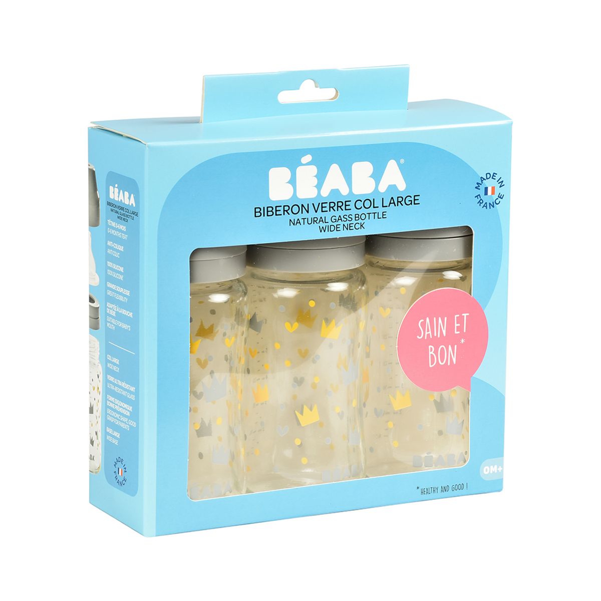 BEABA Set de 3 biberons verre col large 240 ml 