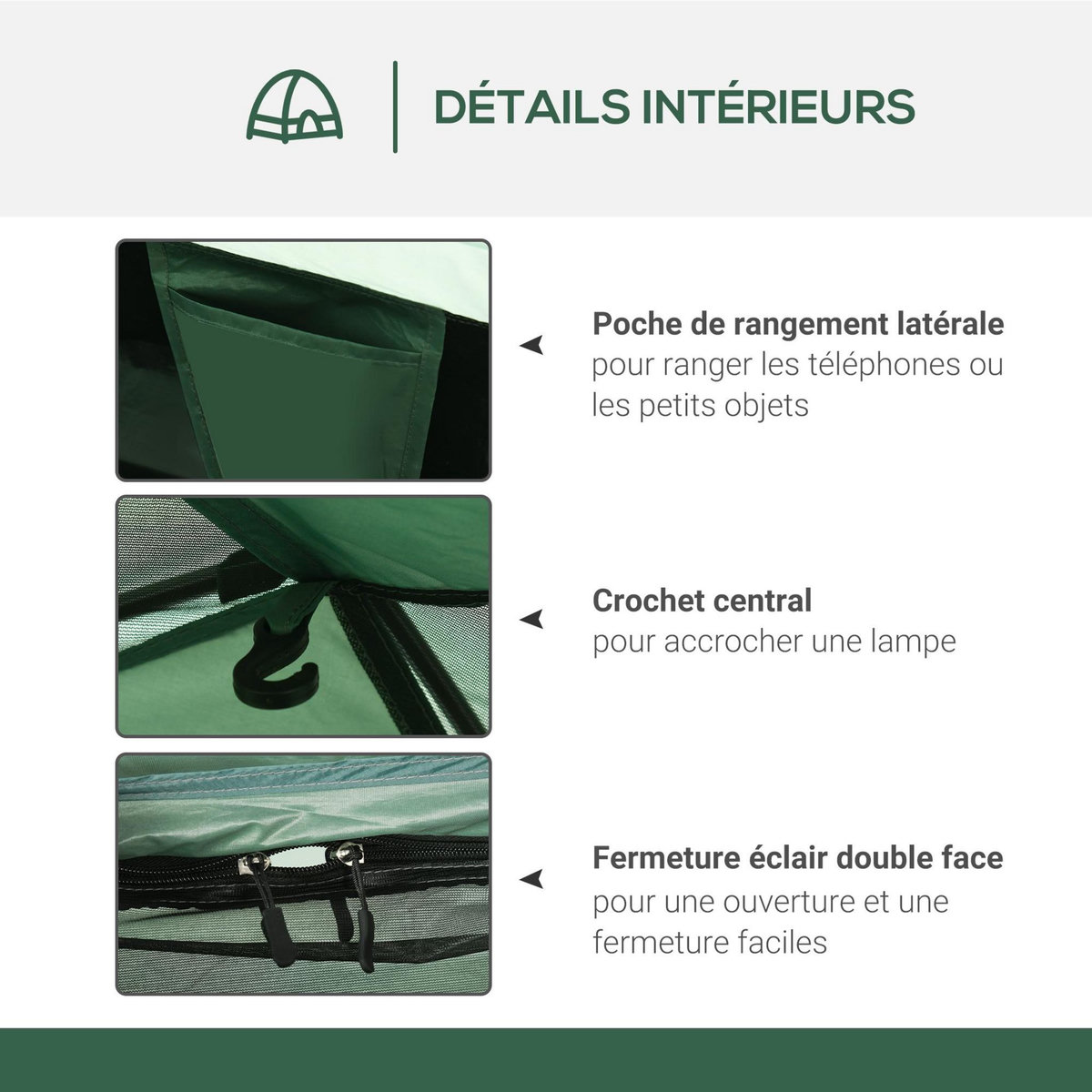 OUTSUNNY Tente de camping 2 personnes dim. 206L x 152l x 110H cm - portes zippée, poche rangement sac de transport inclus - fibre verre polyester Oxford vert